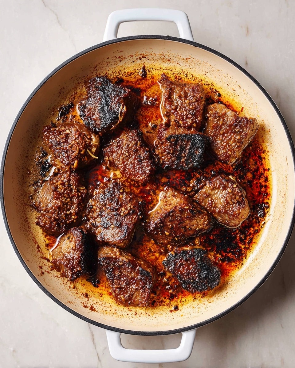 A white pan filled with several pieces of browned meat scattered unevenly across the surface, each piece showing a crispy, dark golden-brown crust with textured edges. The pan has a black rim and white handles on each side. Surrounding the meat, the pan's base has dark, burnt bits and oily reddish-brown juices, creating a rich, textured look against the light interior of the pan. The pan is placed on a white marbled surface. photo taken with an iphone --ar 4:5 --v 7