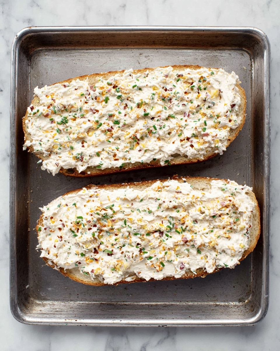 The image shows two halves of bread laid flat on a metal baking tray, both generously spread with a thick layer of white creamy mixture that contains small bits of orange, green, and brown ingredients, giving the spread a speckled look. The bread underneath appears slightly toasted with a light golden color around the edges. The metal tray has a dull silver tone with small marks and a slightly aged texture. The surface under the tray is a white marble with gray veins, creating a clean and bright background. Photo taken with an iphone --ar 4:5 --v 7