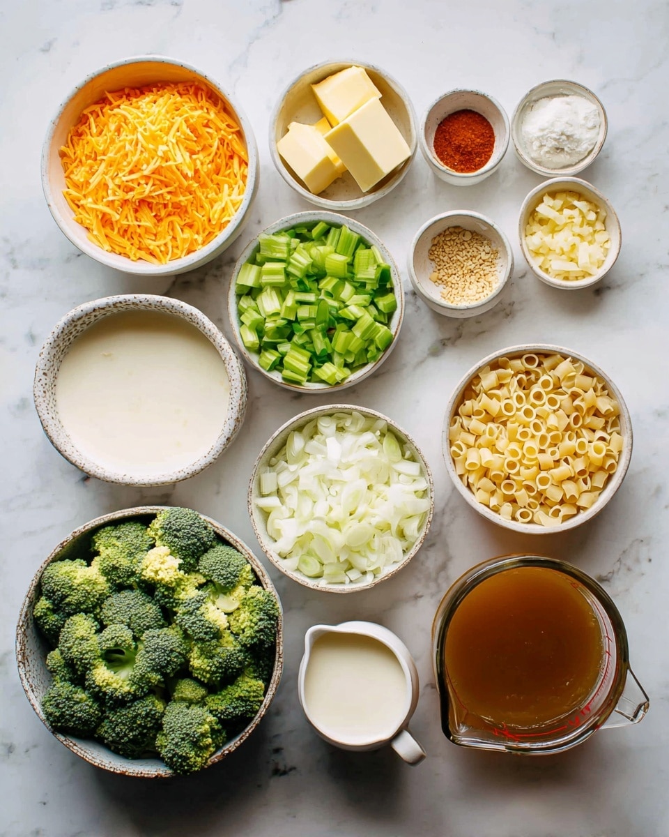 The image shows multiple small bowls and a measuring cup arranged on a white marbled surface. Starting from the left, there is a white bowl with shredded orange cheese, below it a textured bowl full of green broccoli florets, and a smaller bowl with chopped green celery next to it. Above, small bowls hold minced garlic, blocks of yellow butter, and a small amount of red spice powder. To the right, a white bowl contains small uncooked pasta, and another small bowl has a light yellow powder. Below, a bowl holds chopped white onions, next to it is a small white jug filled with a creamy white liquid. Finally, on the far right, there is a glass measuring cup filled with brown broth. All containers are neatly placed in a grid-style layout on the surface. photo taken with an iphone --ar 4:5 --v 7
