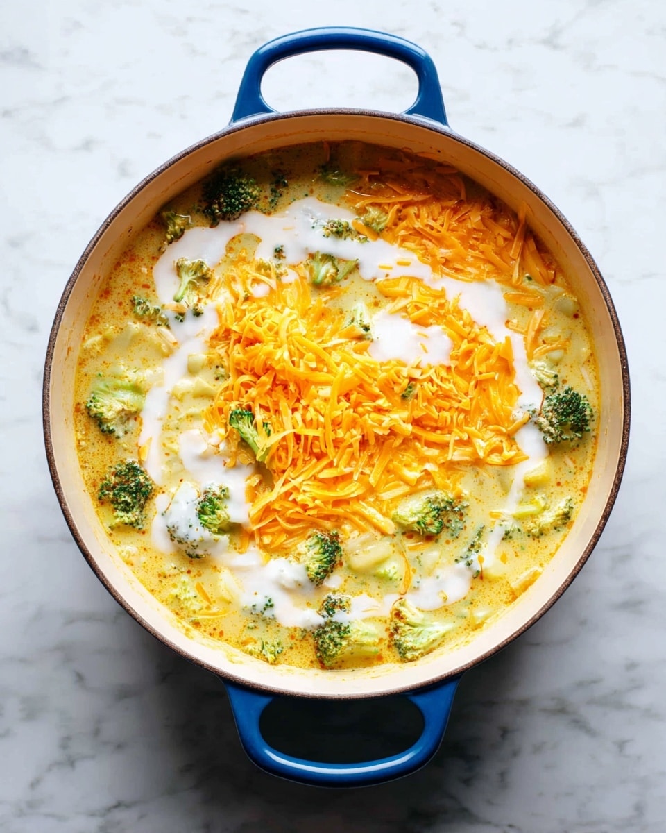 A round blue-handled pot filled with a mixed soup that has a layer of light green broccoli pieces and small white chunks near the edges, a layer of orange shredded cheese spread mostly in the center, and dollops of white creamy sauce on top of the cheese arranged loosely forming a spiral shape. The pot sits on a white marbled surface and the soup looks thick and warm. photo taken with an iphone --ar 4:5 --v 7