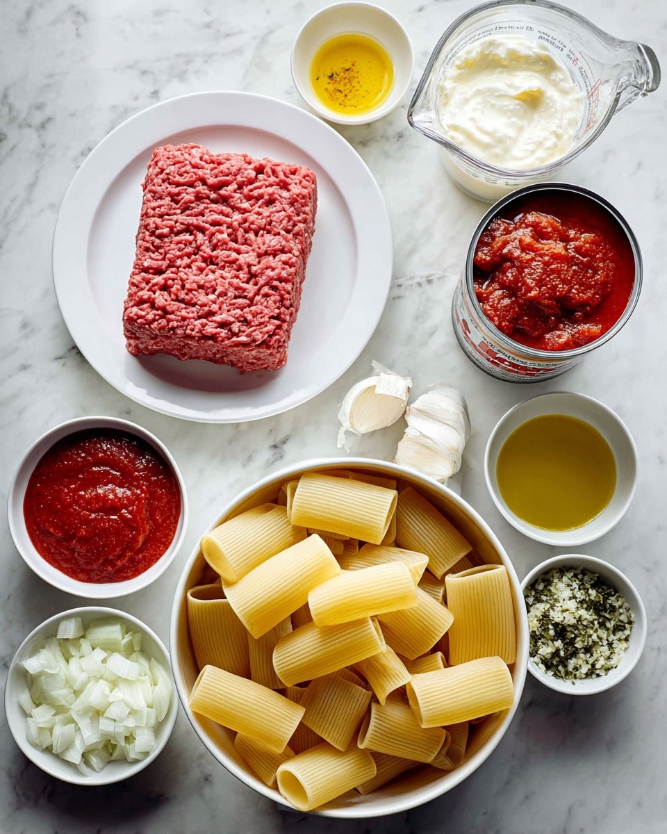 The image shows several cooking ingredients laid out on a white marbled surface. In the center, there is a white plate with a rectangular block of raw ground meat, red in color with a textured surface. Below the plate, a white pot holds large, tube-shaped pasta, pale yellow with smooth ridges. To the right, there is an open can of chunky red tomato sauce with visible herbs, and above it a clear glass measuring cup filled with white cream. To the upper right, a small white bowl contains minced garlic mixed with green herbs. Above the pasta, there is a small white bowl filled with golden olive oil. To the left, another small white bowl holds bright red tomato paste, and next to it, a larger white bowl is filled with finely chopped white onions. photo taken with an iphone --ar 4:5 --v 7