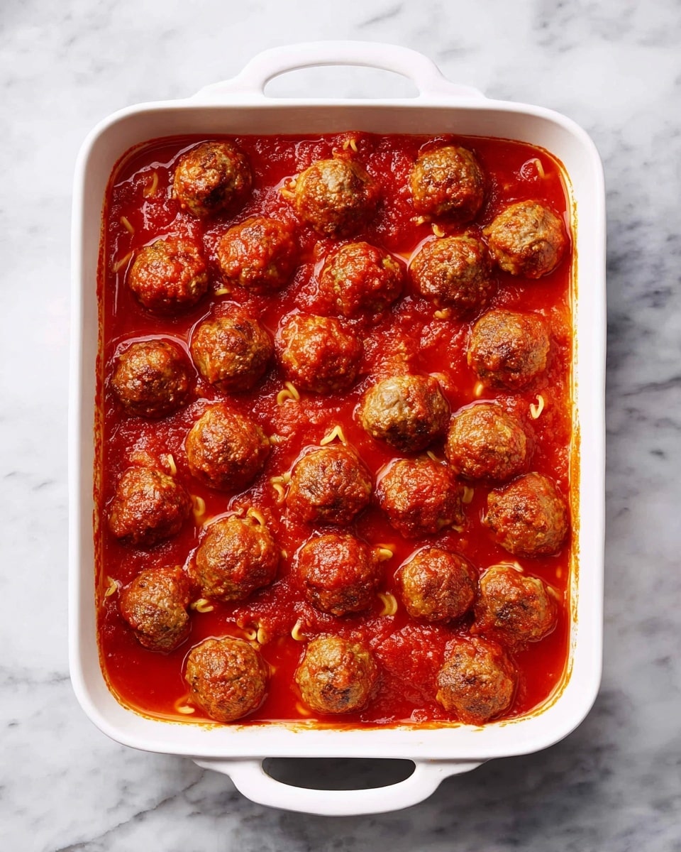 A white rectangular baking dish with two handles is filled with a layer of smooth, bright red tomato sauce. On top of the sauce, there are about 30 round meatballs evenly spread out, each with a lightly browned and glistening surface indicating they are cooked. Some small pasta pieces are partially visible under the sauce and meatballs near the edges of the dish. The dish sits on a white marbled textured surface. The photo taken with an iphone --ar 4:5 --v 7