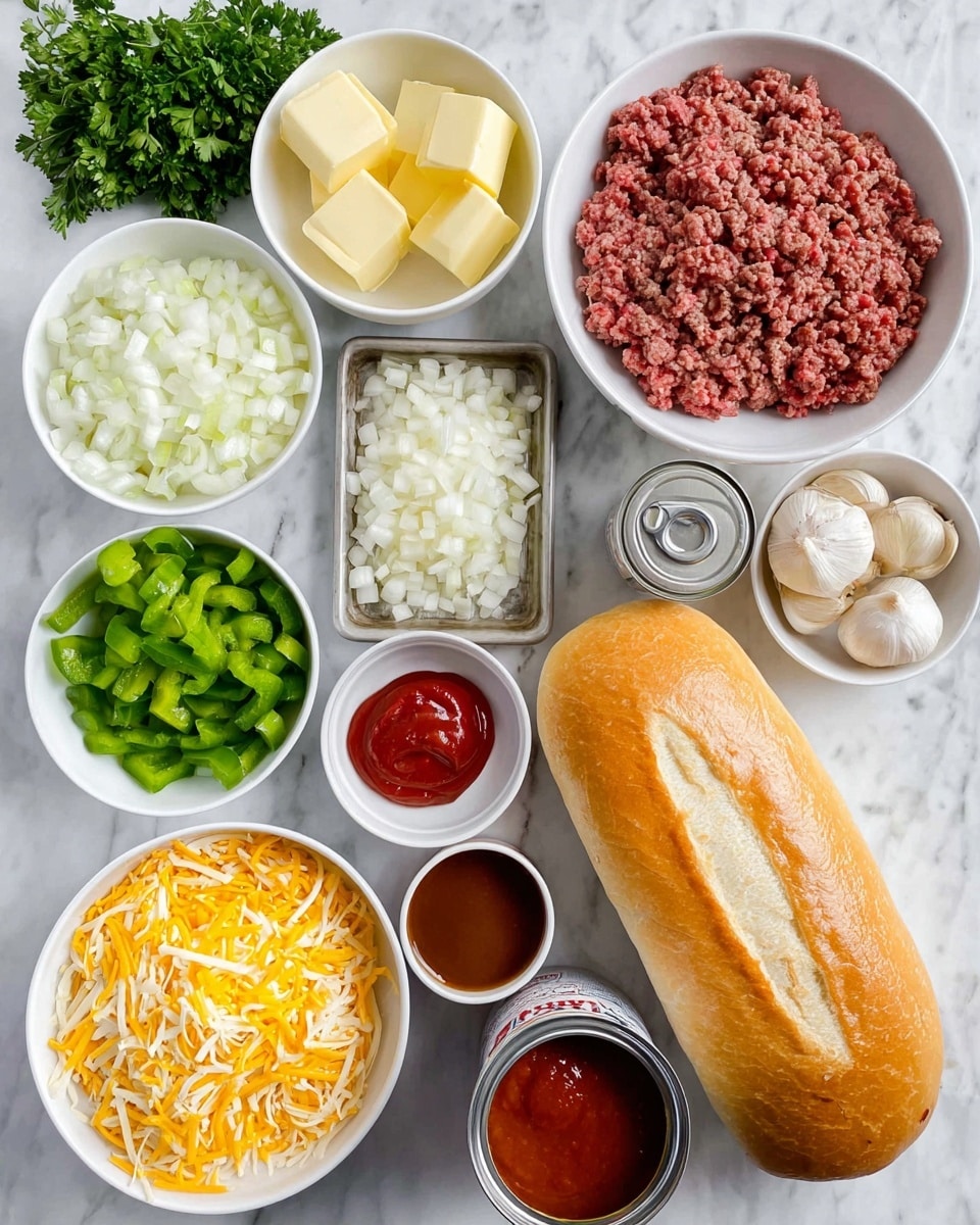 The image shows many ingredients laid out on a white marbled surface. Starting from the left, there is a bunch of green parsley, a white bowl with white chopped onions, another white bowl with green chopped bell peppers, and a white bowl with yellow and white shredded cheese. Next to those is a white bowl with raw ground beef. On a small metal tray, there is a whole golden brown loaf of bread with a long cut on top. Above the cheese and veggies, there is a white bowl with light yellow cubed butter, a small white bowl containing a dollop of red tomato paste, a white bowl with brown sauce, a white bowl of grated garlic, a small white bowl of yellow mustard, a can with its lid open showing red tomato sauce, and a white bowl with whole garlic cloves. The items are arranged neatly with clear colors and textures. photo taken with an iphone --ar 4:5 --v 7