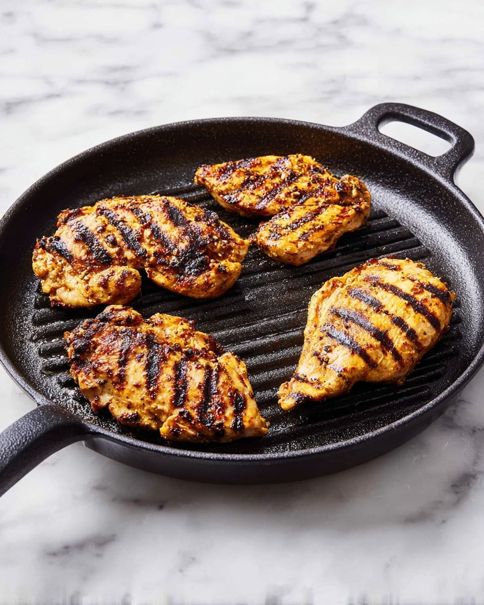The image shows a round black grill pan placed on a white marbled surface, with four pieces of grilled chicken on it. Each piece has clear, dark grill lines across the golden-brown surface, showing a cooked texture with some charred edges. The chicken pieces are arranged in a scattered way inside the pan, with three larger pieces and one smaller one near the bottom right. The pan has two thick handles on opposite sides, with a rough black metal texture. The bright white marbled background contrasts with the dark pan and browned chicken, making the colors stand out clearly photo taken with an iphone --ar 4:5 --v 7