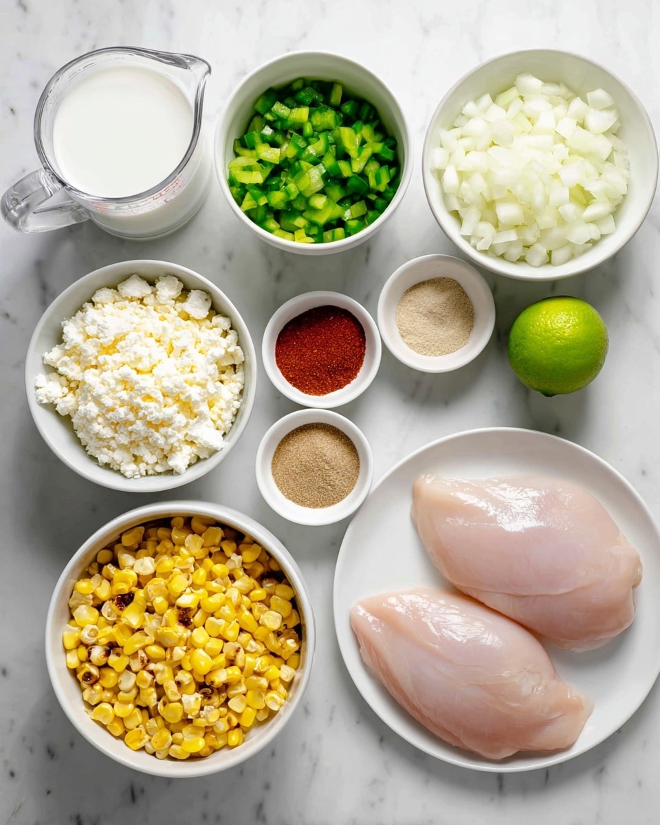 The image shows eight white bowls and plates arranged on a white marbled surface. Starting from the bottom left, there is a bowl filled with yellow grilled corn kernels with some char marks. Above that, a smaller bowl holds chopped green bell peppers and minced garlic. To the right, a larger bowl contains chopped white onions. Next to it on the right is a bright green whole lime. Above the lime, a glass measuring cup is filled with white milk. To the left of the cup, there is a bowl with crumbly white cheese. Above that, a small bowl holds three kinds of powdered spices separated into sections: light brown, reddish-brown, and beige. Finally, at the bottom right is a white plate with two raw pale pink chicken breasts. The items are neatly arranged with clear separation between each bowl or plate. photo taken with an iphone --ar 4:5 --v 7