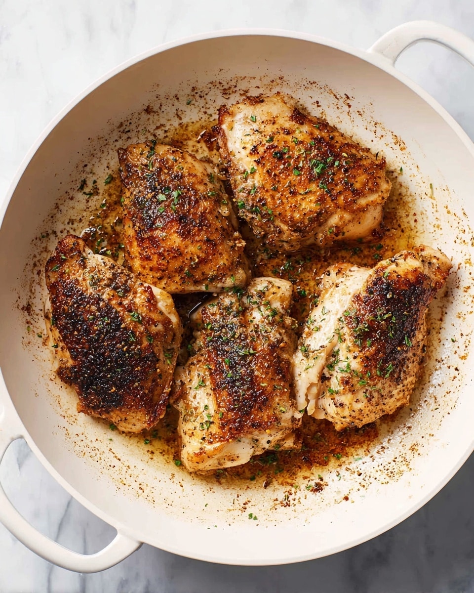A white pan with four cooked chicken pieces inside, each piece browned with a mix of golden and dark brown spots showing a crispy texture. The chicken is seasoned, visible by small green herbs scattered across the surface. The pan holds some brown seared bits and oil stains that add texture to the image. The pan handles are visible and the pan is placed on a white marbled surface. photo taken with an iphone --ar 4:5 --v 7