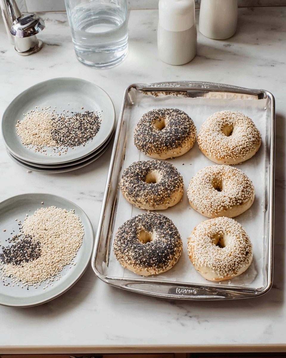 The image shows eight bagels on a silver baking tray lined with white parchment paper. The bagels are arranged in two vertical columns of four. Four of the bagels are covered with a mix of black and white seeds, giving a speckled look, while the other four are coated with white sesame seeds, creating a light, grainy texture. To the left of the tray, there are two light grey plates on a white marbled surface; one plate has a pile of white sesame seeds and the other has a scattered mix of black and white seeds. In the background, there is a large clear glass of water and two white containers. photo taken with an iphone --ar 4:5 --v 7