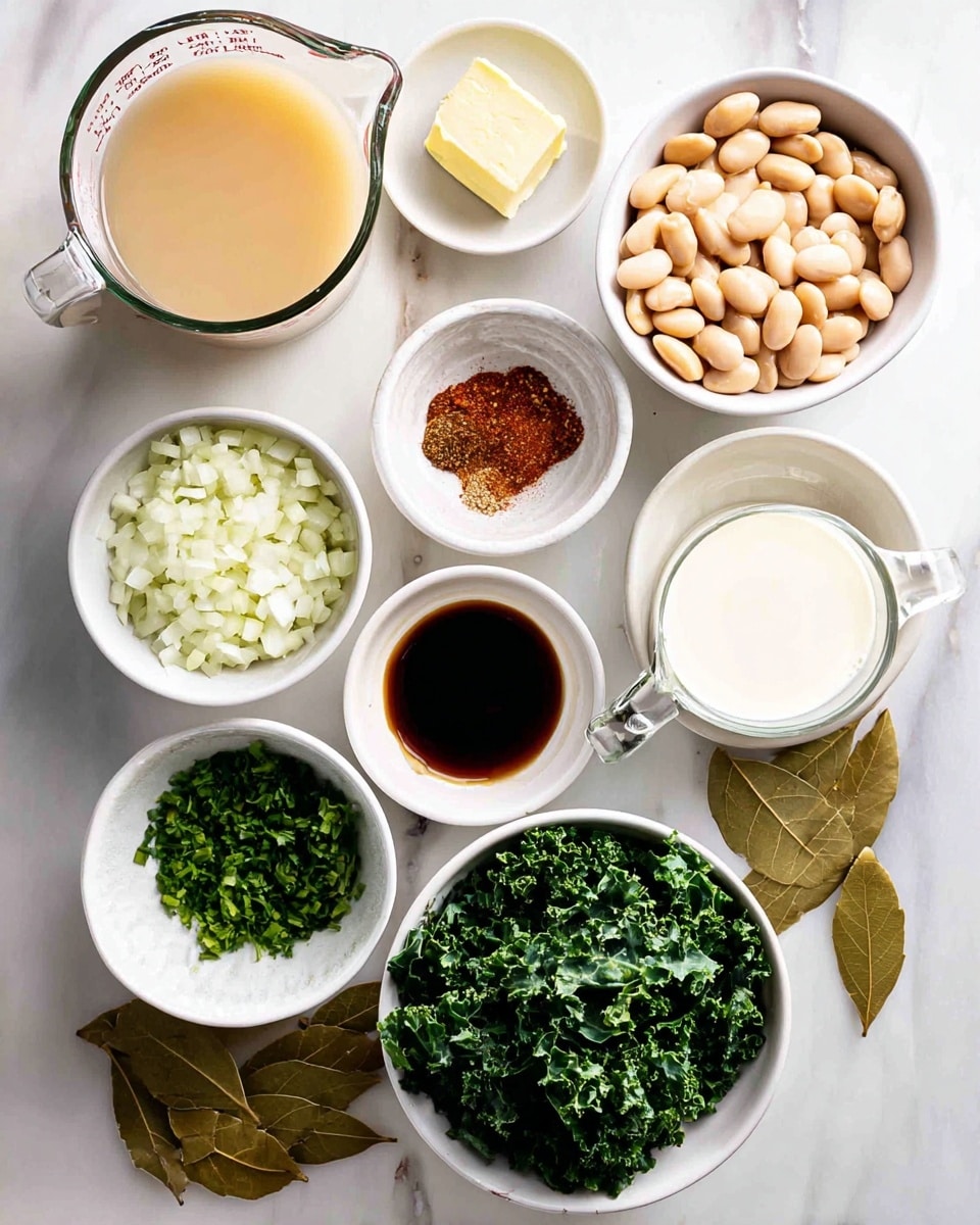 The image shows nine small bowls and a glass measuring cup arranged on a white marbled surface. Starting from the bottom left, the glass measuring cup holds a light beige broth. Moving clockwise, a small white bowl contains chopped garlic pieces, and next to it, another small white bowl has a square piece of butter with a light golden liquid beneath. Above that, a medium white bowl is filled with large beige beans. Above the beans, there is a white bowl full of finely chopped white onions. Next to it, on the top right, is a glass measuring cup with a white creamy liquid. To the left of the cup, a small white bowl holds two powdered spices, one reddish-brown and the other a mix of green herbs. Below that, a tiny white bowl contains a dark brown liquid. To the left of the spices, a glass bowl is filled with fresh, bright green chopped parsley. Below the parsley is a large white bowl with finely chopped dark green kale. Two dried bay leaves are placed near the top left. All the bowls have a clean and simple look, and the ingredients show fresh and varied textures, colors, and sizes. photo taken with an iphone --ar 4:5 --v 7