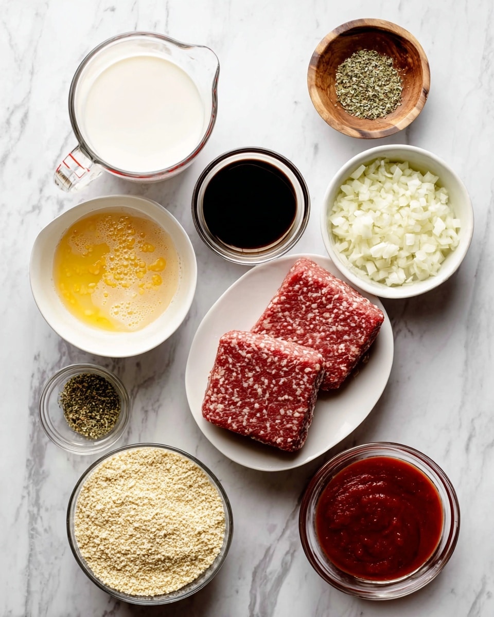 The image shows seven bowls and a measuring cup arranged on a white marbled surface. Starting from the bottom right, there is a white bowl with two square pieces of raw ground meat, red with white fat specks. To its left is a clear glass measuring cup filled with white milk. Above the milk is a white bowl with beaten eggs, yellow and frothy. To the upper right of the eggs is a small wooden bowl holding dried herbs and spices in light brown and green colors. Next to this is a clear glass bowl filled with dark brown liquid. Above that, a white bowl contains small white chopped onions. To the right of the onions is another white bowl filled with light tan breadcrumbs mixed with green herbs. Below the dark liquid bowl is a clear glass bowl filled with a thick red sauce. The overall setting is clean and organized. photo taken with an iphone --ar 4:5 --v 7