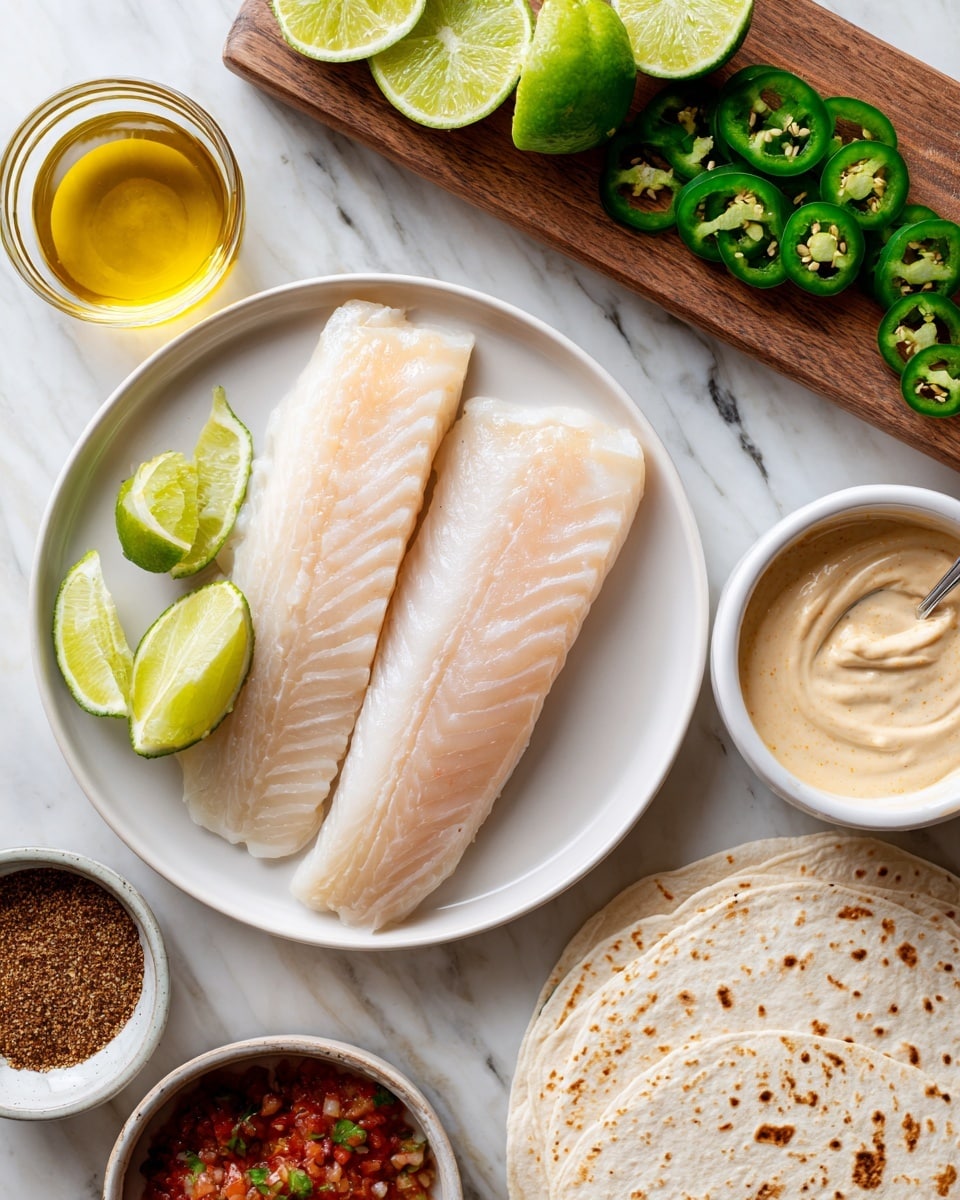 The image shows two pieces of fresh fish fillets with a smooth, pale pink and white texture placed in the center of a white round plate. Surrounding the plate, there are seven lime wedges with a bright green color on a wooden board at the top, and several slices of green jalapeño peppers arranged neatly. To the right of the plate, there is a white bowl filled with a creamy, light beige chipotle cream sauce with a spoon inside it. Below the plate on the white marbled surface, a stack of white tortillas with brown spots is partially visible to the left. To the right side, there is a clear glass bowl containing brown seasonings next to the tortillas. On the left side of the wooden board, a small white bowl holds golden yellow olive oil, and below it, a small bowl with bright red salsa with visible chopped onions and herbs. Photo taken with an iphone --ar 4:5 --v 7