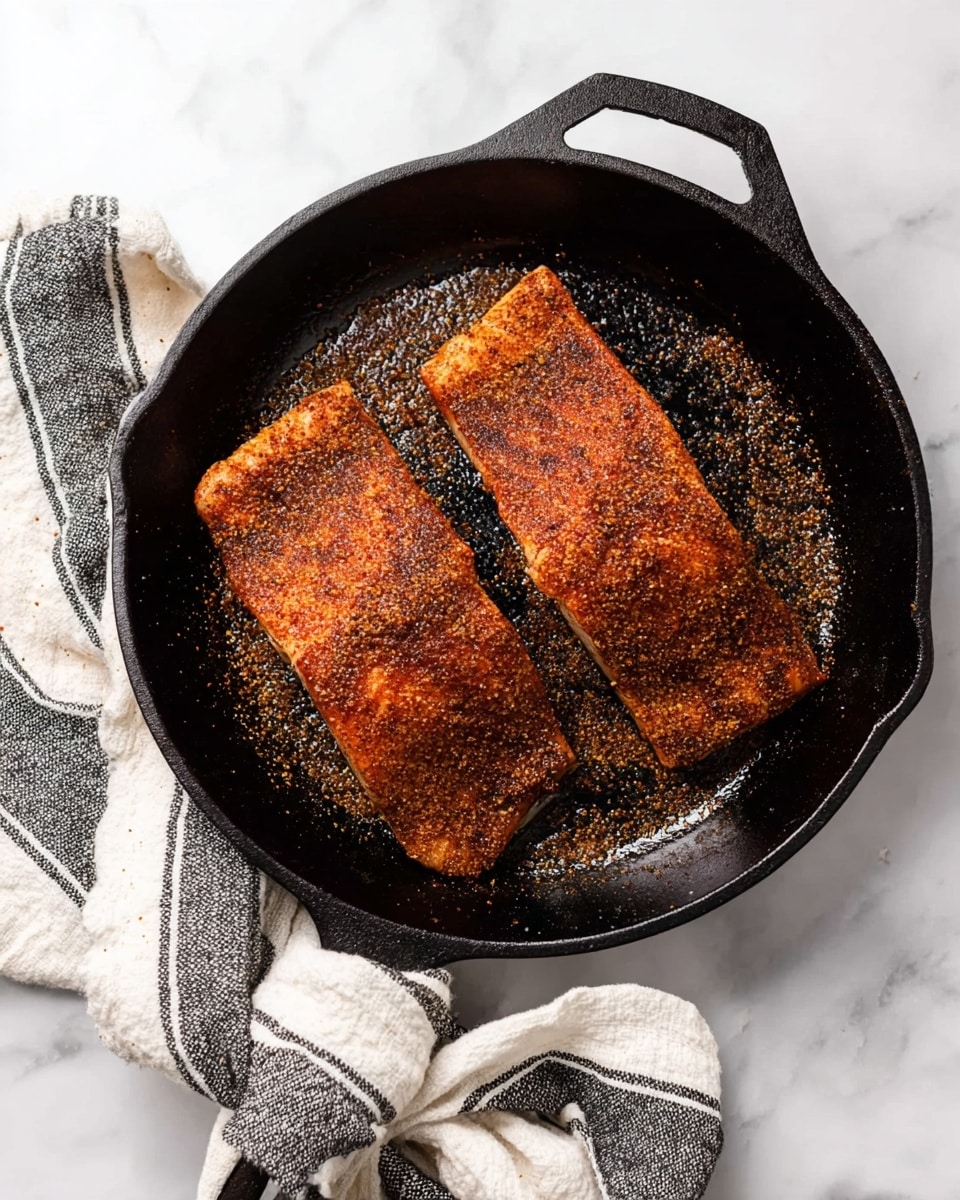 A black cast iron pan holds two pieces of seasoned fish fillets, placed side by side. Each fillet is coated with a textured, reddish-brown spice mix that covers the top and sides, with some spices scattered around the fillets inside the pan. Resting near the pan’s handle is a striped white and gray cloth, loosely tied. The pan sits on a white marbled surface. photo taken with an iphone --ar 4:5 --v 7