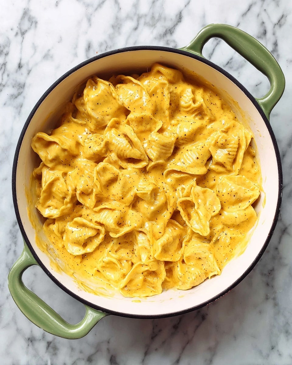 A white bowl with two green handles filled with about three layers of folded pasta shells coated in thick, creamy, yellow-orange cheese sauce with visible small black pepper specks on a white marbled texture surface photo taken with an iphone --ar 4:5 --v 7