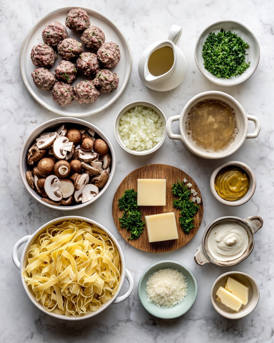 The image shows various ingredients neatly arranged on a white marbled surface. Starting from the left, there is a white plate filled with raw meatballs, above it a small white bowl of chopped onions. Next to the onions is a small white jug with light-colored sherry liquid, and nearby are small bowls containing Dijon mustard with a smooth creamy texture, mixed dried herbs with greenish tones, and sour cream which looks thick and white. Below these, there is a round white bowl with sliced brown mushrooms showing their light gills, and another white bowl with whole mushrooms. Towards the right side, a white bowl holds light brown broth with a smooth surface. In front of the broth is a small round wooden board topped with green parsley, three rectangular pieces of pale yellow butter on a small pale blue dish, and minced garlic in a tiny white bowl. Near the parsley, a small white bowl contains fine white flour. Towards the bottom left, a round white bowl with two handles contains a heap of uncooked wide egg noodles in a yellowish hue. The ingredients are well spaced, creating a clean composition. Photo taken with an iphone --ar 4:5 --v 7