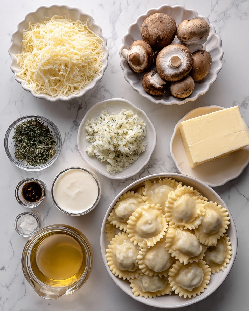 The image shows a white marbled surface with several ingredients placed in small white bowls and a clear glass cup arranged neatly. On the top left, there is a bowl filled with pale yellow shredded parmesan cheese. Next to it, in the middle, is a white fluted bowl containing whole fresh brown mushrooms. To the right, two thick slices of pale yellow butter lie on a small white plate. Below the butter is a bowl of finely chopped creamy white garlic. At the bottom right, a large white bowl holds a heap of uncooked pale yellow ravioli with ruffled edges. Below the parmesan is a small clear glass jar with white cream, and next to it is a clear glass cup filled with golden broth. Two small white bowls hold dried green herbs and dark brown balsamic vinegar. All items are evenly spaced against the white marbled background. photo taken with an iphone --ar 4:5 --v 7