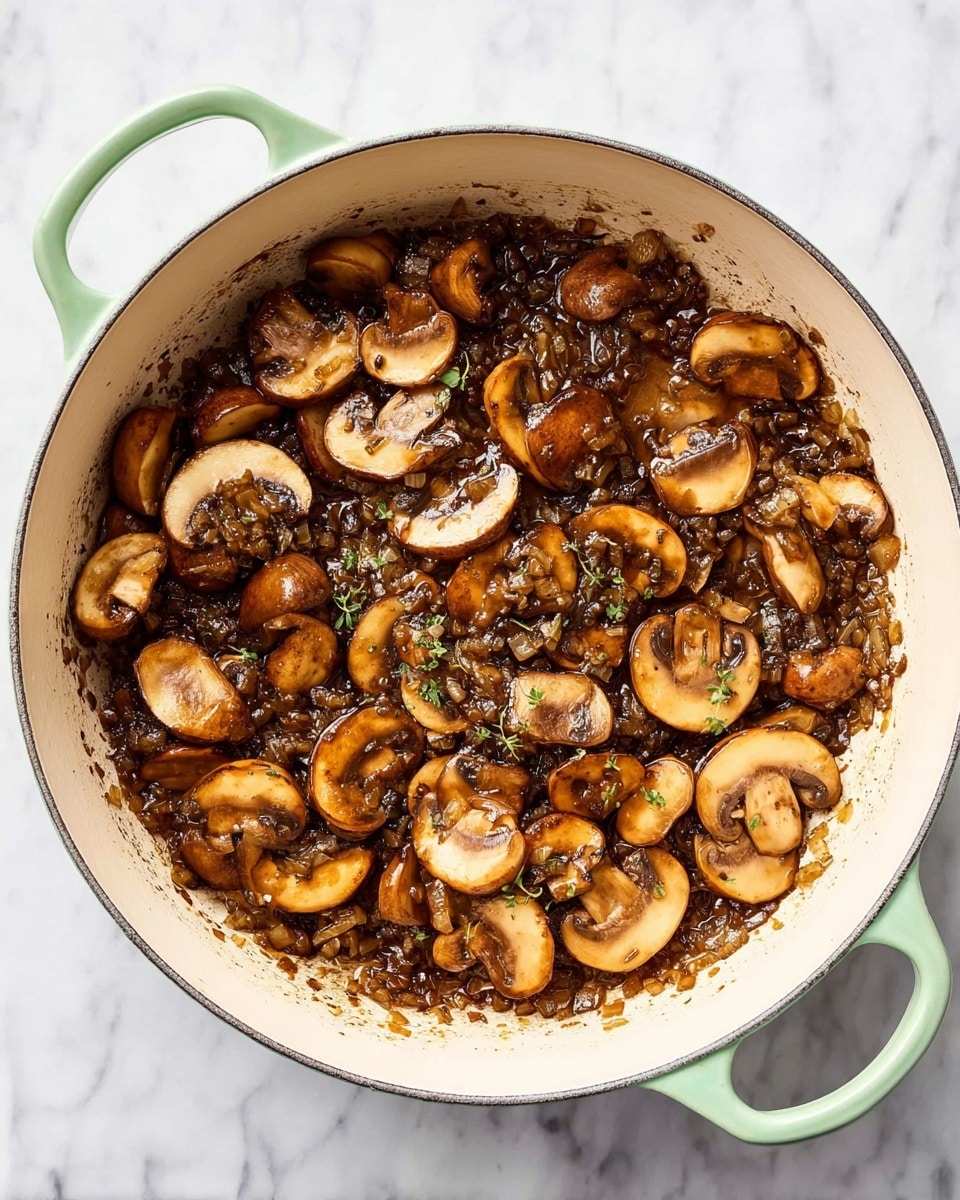 A close-up top view of a white pan with pale green handles on a white marbled surface, filled with cooked sliced mushrooms and finely chopped cooked onions in a glossy brown sauce, with the mushrooms showing two layers: light tan on the top and darker brown on the underside, and the onions evenly spread throughout, giving a moist and slightly oily texture photo taken with an iphone --ar 4:5 --v 7