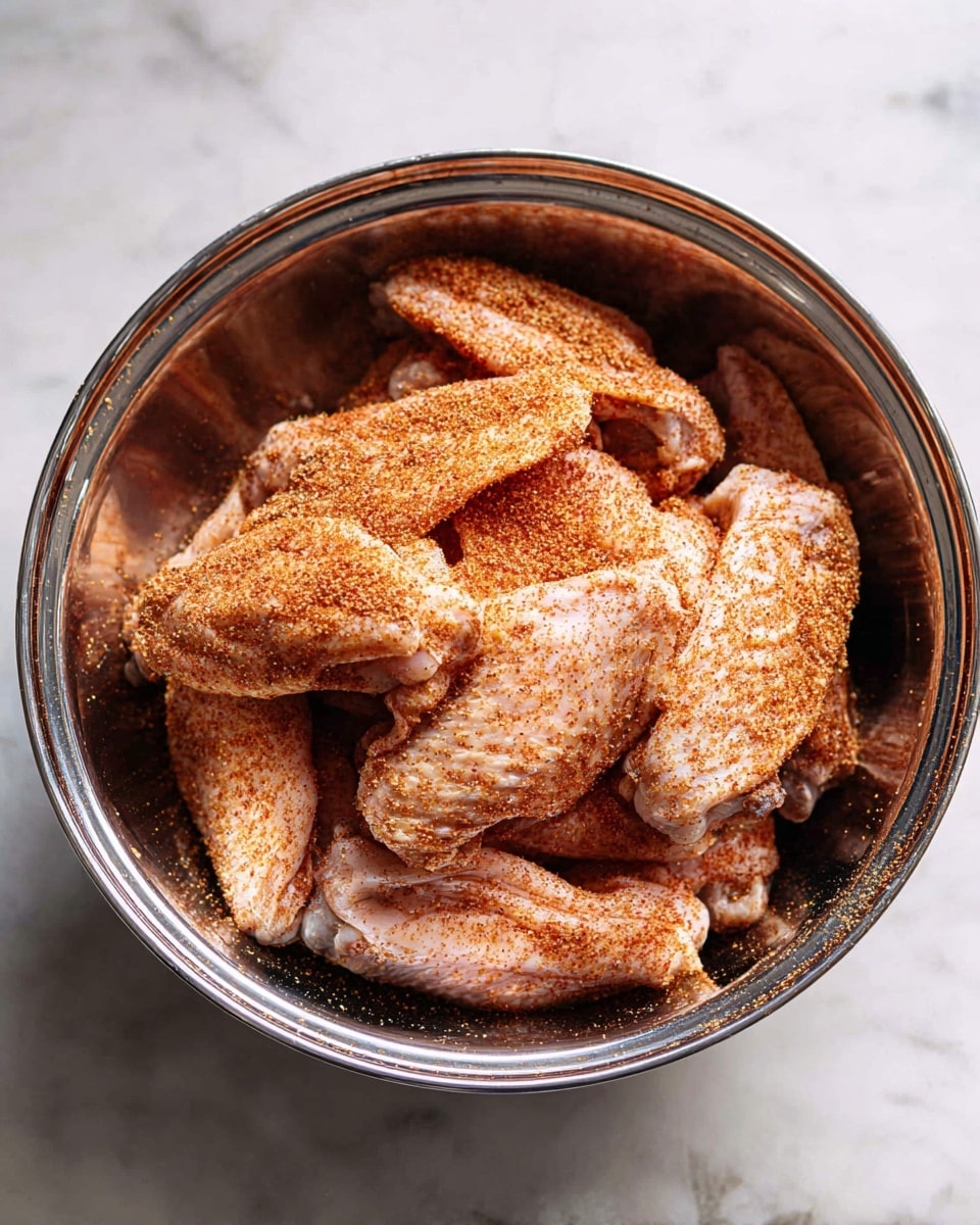 A shiny silver bowl sits on a white marbled surface, filled with several layers of raw chicken wings coated in reddish-brown spices. The chicken wings are light pink with the spices giving a grainy and textured look, some parts are more heavily covered in seasoning while others are lightly dusted. The wings are naturally folded and slightly overlapping each other inside the bowl, showing the skin’s natural wrinkles. The light reflects softly off the metal bowl, emphasizing the contrast between the pale chicken and the darker spice mix photo taken with an iphone --ar 4:5 --v 7