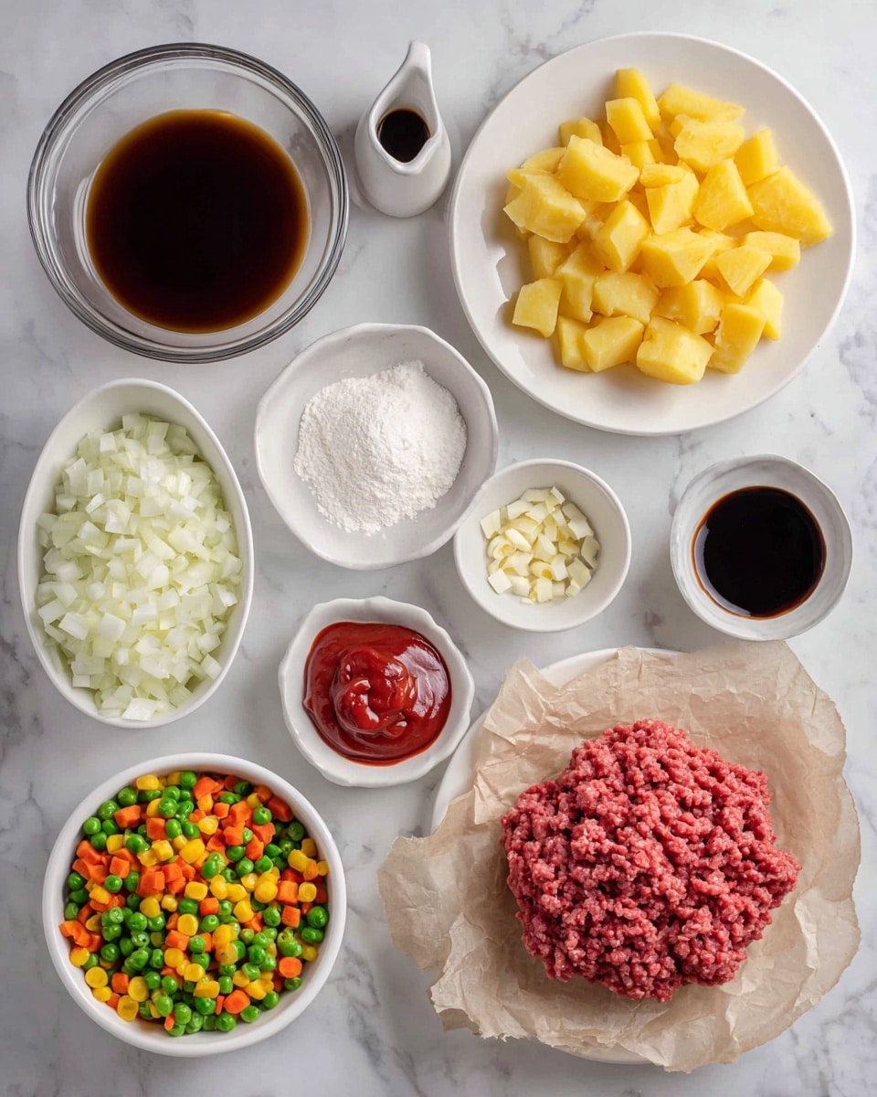 The image shows various cooking ingredients arranged on a white marbled surface. There are ten items in total: at the top left, a clear glass bowl filled with dark brown stock; below it, a white plate with yellow potato pieces that still have their skin on; next to the potatoes, a small white bowl with chopped garlic; in the center, a round white plate holds a large quantity of finely diced white onion; near the onion, a tiny white bowl contains dark balsamic vinegar; to the right of the balsamic vinegar, a small white cup is filled with brown Worcestershire sauce; next to it, a small white bowl holds red tomato paste; slightly below that, a clear bowl contains white corn starch powder; at the bottom right, raw ground beef sits on a crumpled light brown parchment paper; and finally at the bottom center, a white bowl is filled with bright orange and green frozen mixed vegetables. The overall scene is well lit with all items labeled with black text on white backgrounds. photo taken with an iphone --ar 4:5 --v 7