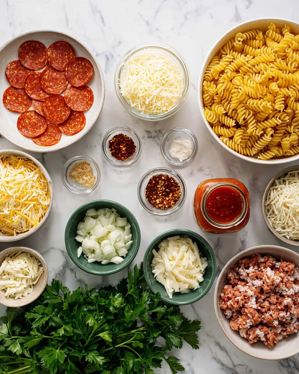 The image shows many bowls and plates with different food ingredients arranged on a white marbled surface. There is a large white bowl on the right filled with dry yellow spiral pasta, next to it is a small white bowl with shredded white cheese. Above that is a jar of red sauce. To the left, there is a large white bowl full of shredded yellow cheese. Below it, a white plate with round red pepperoni slices. Next to that, a green bowl with chopped white onions and another green bowl with a red and white mix of ground meat. Small bowls filled with minced garlic, red chili flakes, and other spices are placed near the center. A bunch of fresh leafy green parsley is also visible in the middle. Photo taken with an iphone --ar 4:5 --v 7
