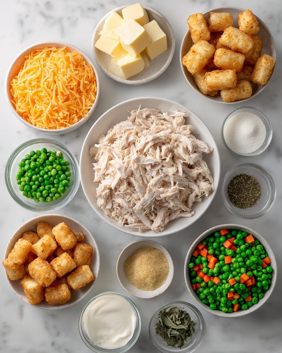 The image shows various ingredients arranged neatly on a white marbled surface. In the center, there is a white bowl filled with shredded light beige chicken. Surrounding it are smaller white and gray bowls holding bright orange shredded cheese, chopped white onion, mixed frozen veggies with green peas and orange carrots, and golden brown tater tots. There are small glass bowls with white flour, yellow olive oil, and light brown stock. A round dish holds pale yellow butter cubes. Another small round bowl contains minced garlic, and there are small bowls with mixed brown Italian seasoning and light green sage. A clear measuring cup holds white cream. All items are spaced evenly, creating a clean and organized layout photo taken with an iphone --ar 4:5 --v 7