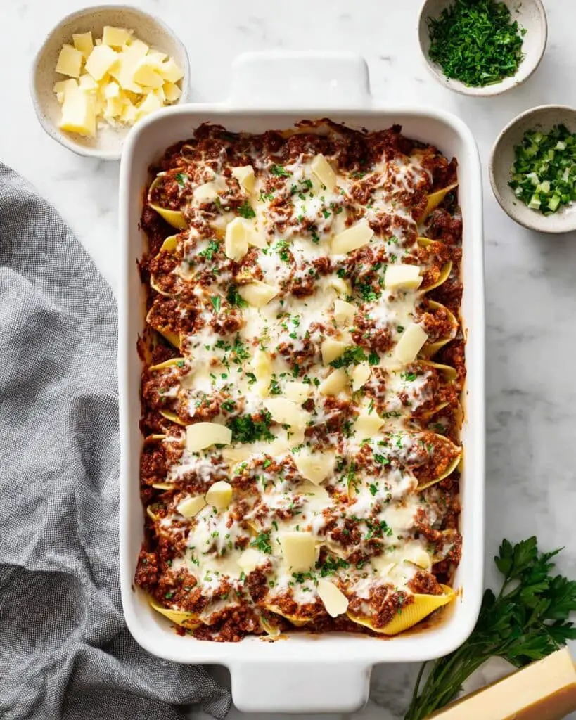 Beef Stuffed Shells with Ricotta, Mozzarella, and Pesto Recipe