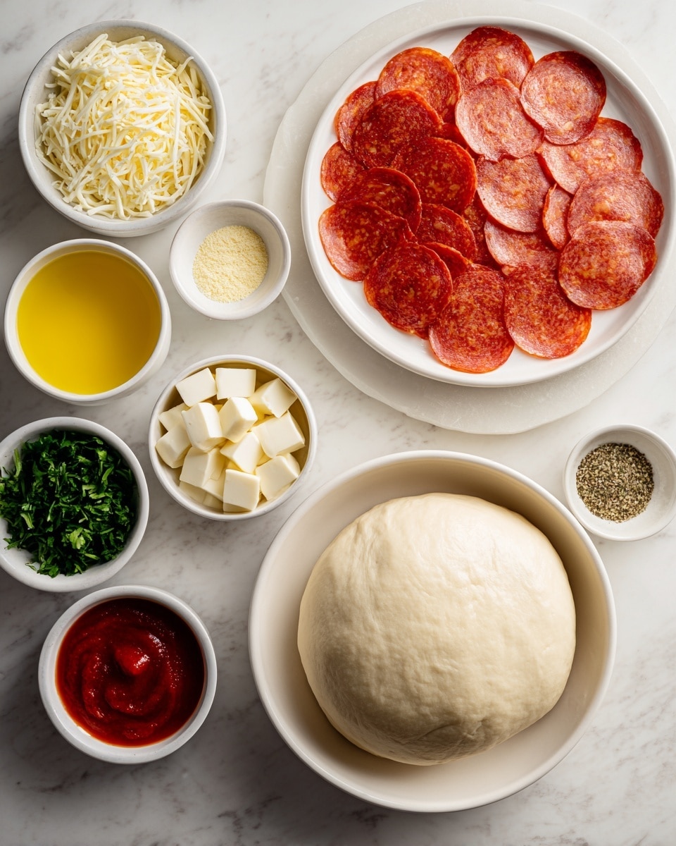 A round white dish in the front right holds a smooth ball of light tan pizza dough with soft texture. To its upper right is a white plate stacked with many slices of reddish-orange pepperoni arranged to cover the plate. Above the dough, a small white bowl contains finely grated pale yellow Parmesan cheese. Next to this, a tiny white bowl holds light yellow garlic powder. Moving left, a small white bowl filled with bright yellow melted butter sits next to a larger white bowl filled with white cubes of mozzarella cheese. Below the mozzarella, a small white bowl contains thick red pizza sauce. On the upper left, a small white bowl has fresh green parsley leaves, and above it another small white bowl holds mixed green and brown Italian seasoning. All bowls are placed on a white marbled surface. photo taken with an iphone --ar 4:5 --v 7