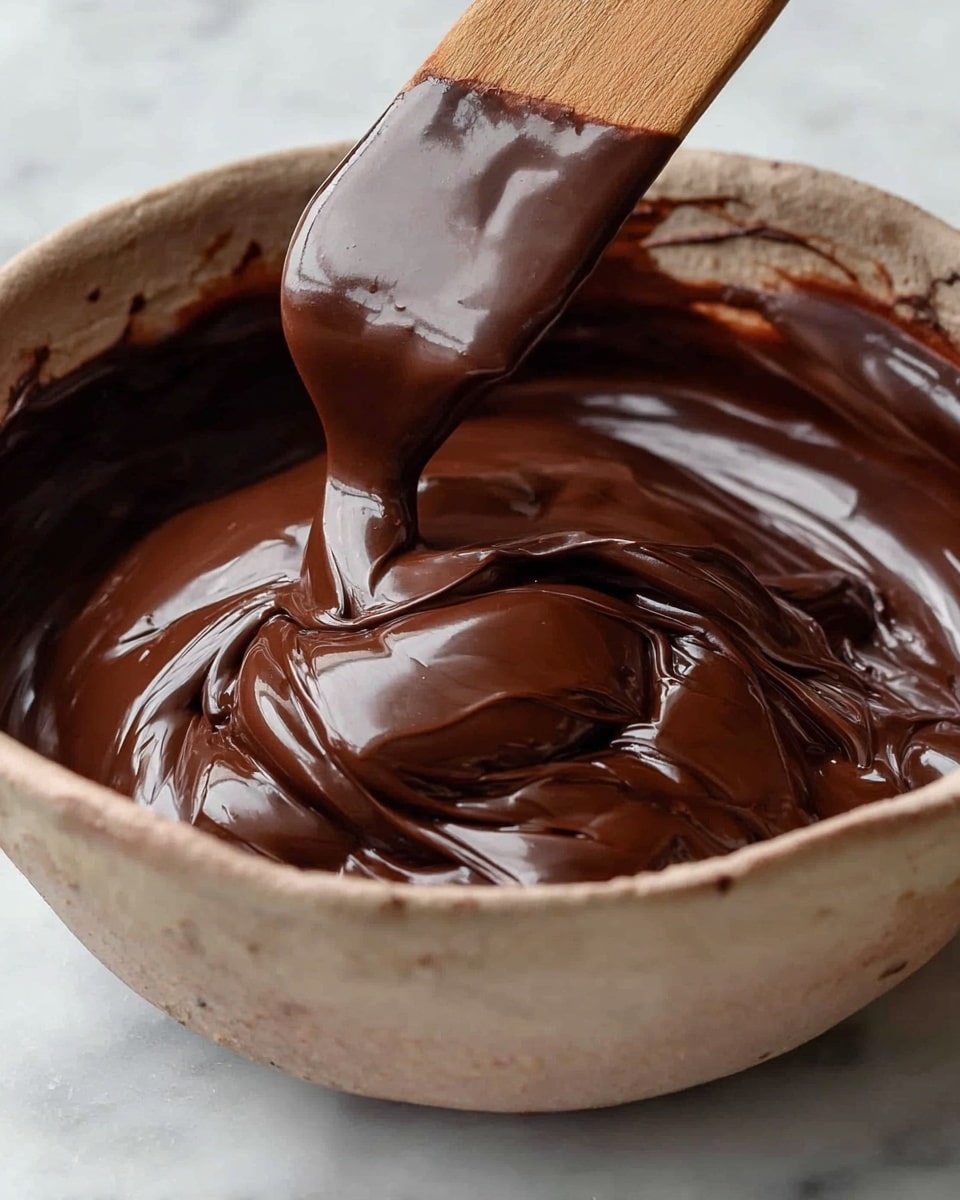 A close-up of a bowl filled with thick, shiny, dark brown melted chocolate. The chocolate has a smooth, rich texture with glossy highlights showing its creamy consistency. A wooden spatula covered with melted chocolate dips into the bowl, lifting some of the chocolate and creating soft folds and waves on the surface. The bowl is a rough textured neutral color, sitting on a white marbled surface. photo taken with an iphone --ar 4:5 --v 7