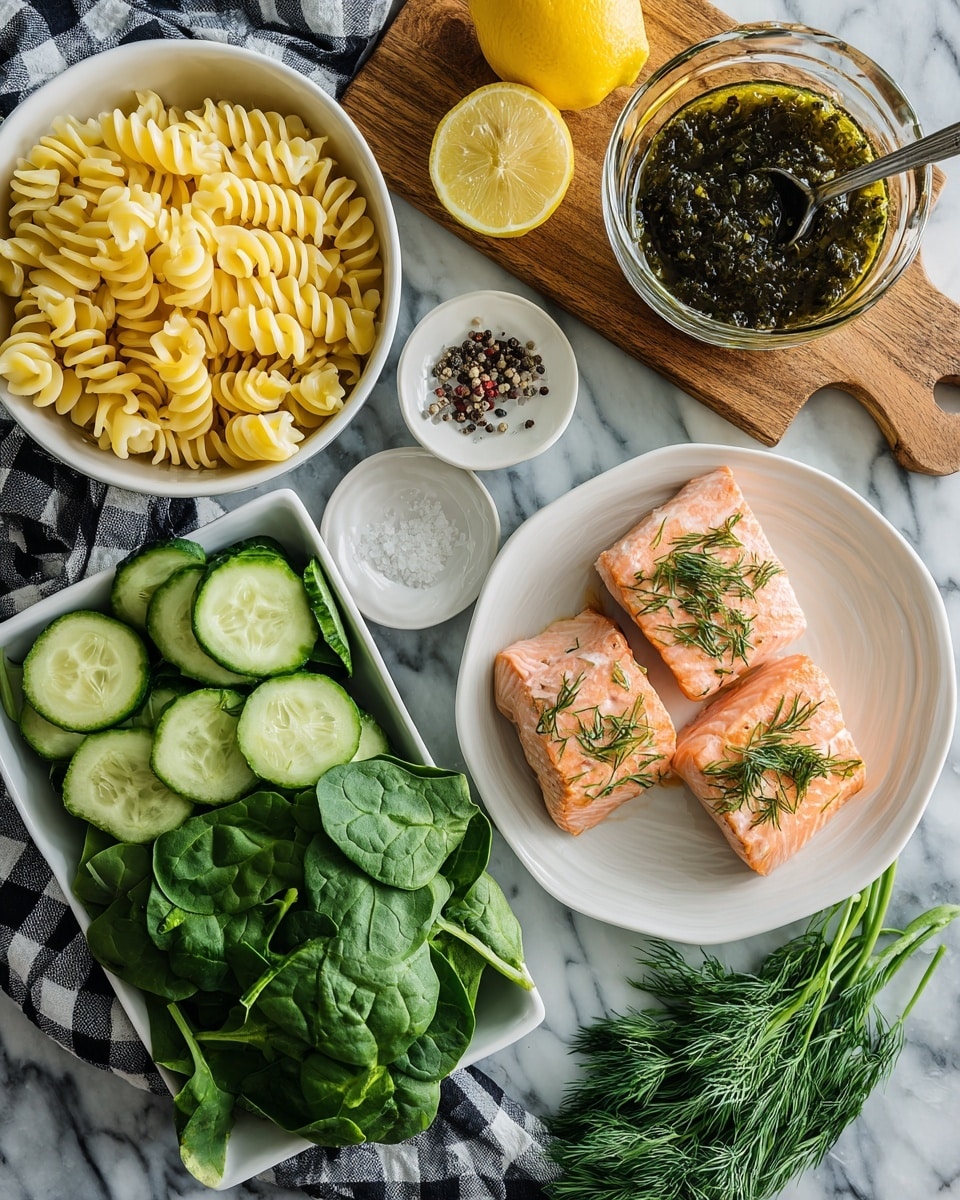 The image shows ingredients arranged neatly on a white marbled surface: a white bowl filled with pale yellow spiral pasta in the top left, a small white dish with salt and black pepper in the middle, a white plate holding two pink pieces of cooked salmon with green herbs on the top right, and a glass bowl of dark green spinach leaves at the bottom center. To the left of the spinach is a group of round cucumber slices with a dark green peel, and above them is a wooden board holding a glass bowl of green lemon dill vinaigrette with a spoon inside, lemon halves, and some sprigs of fresh dill. A black and white checkered cloth is partially visible under the cucumbers. Photo taken with an iphone --ar 4:5 --v 7