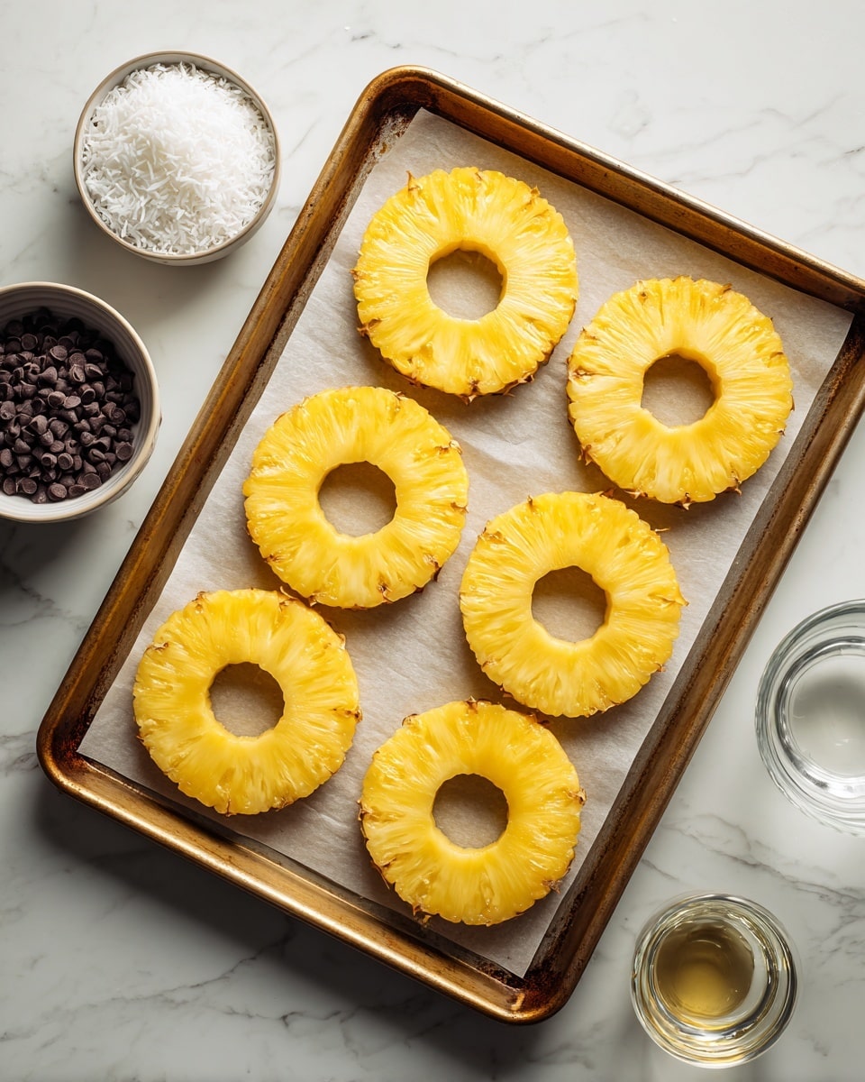 Eight bright yellow pineapple rings are neatly placed in two columns on a parchment-lined baking tray. Each pineapple ring is evenly sliced with a clear hole in the center, showing their slightly textured and juicy surface. The baking tray sits on a white marbled surface, enhancing the fresh and clean look of the fruit arrangement. photo taken with an iphone --ar 4:5 --v 7