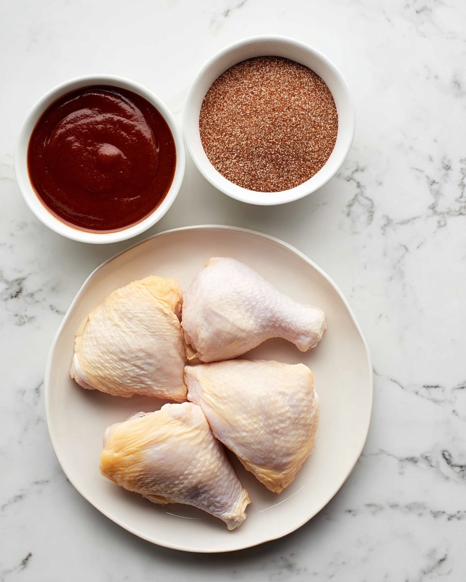 The image shows three raw pieces of pale yellow chicken with skin on a white plate at the bottom right. Above the plate, there are two white bowls side by side, the left bowl filled with thick, smooth dark red sauce and the right bowl filled with a coarse brown spice mix. All are placed on a white marbled surface. photo taken with an iphone --ar 4:5 --v 7