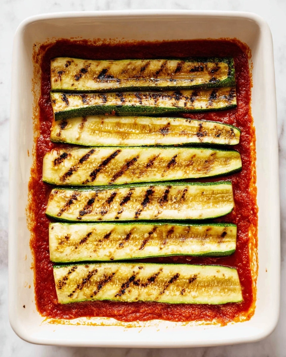 The image shows a white rectangular baking dish with a layer of red tomato sauce spread thinly at the bottom. On top of the sauce, there are seven strips of grilled zucchini placed side by side, covering almost the entire dish surface. Each zucchini strip is light green with dark grill marks running horizontally, showing a slightly charred and textured surface. The white marbled background complements the bright colors of the sauce and zucchini. Photo taken with an iphone --ar 4:5 --v 7