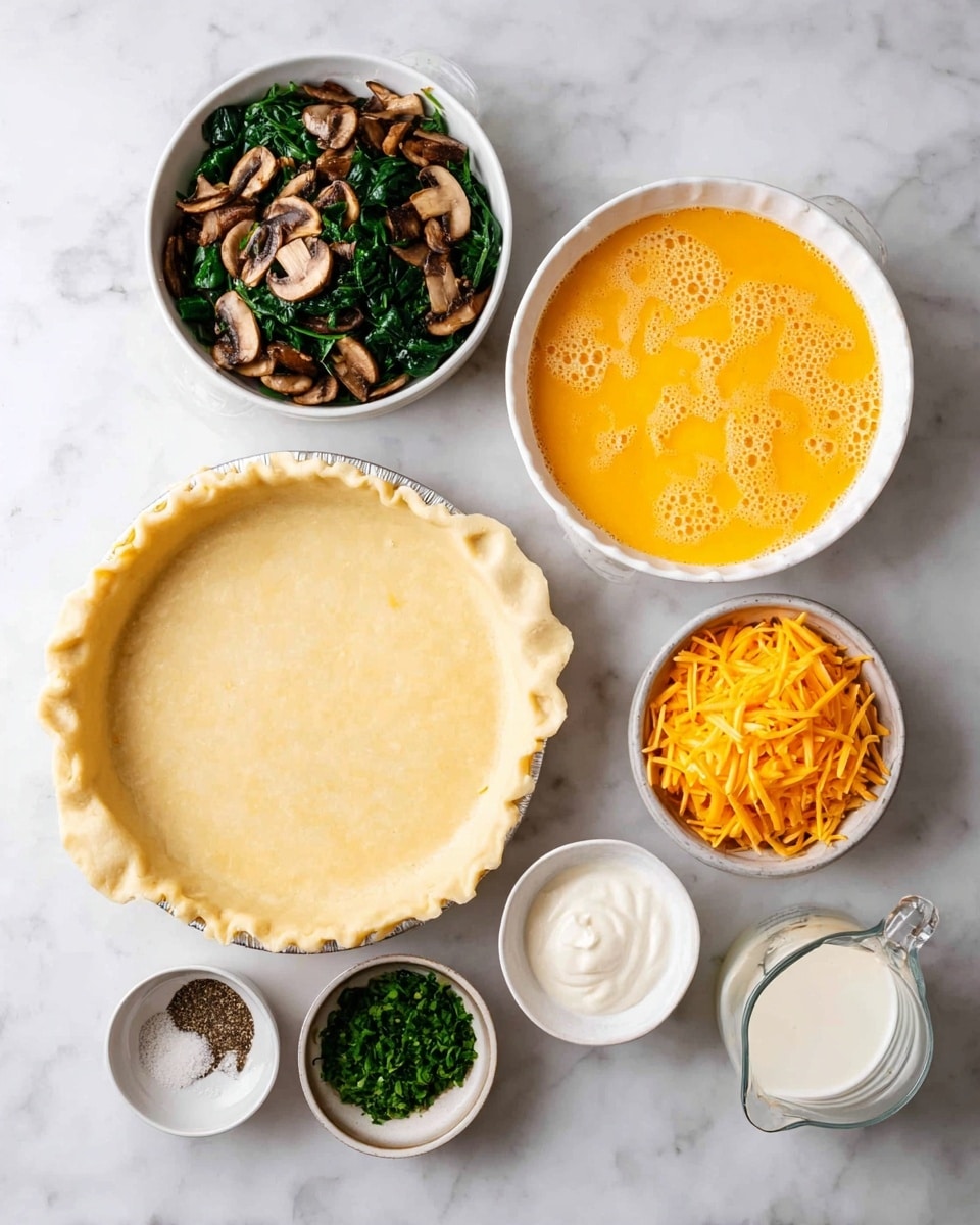 The image shows ingredients arranged on a white marbled surface for making a quiche. There is one layer of pale yellow pie crust in a white pie dish forming the base. Next to it, a bowl holds a bright orange beaten egg mixture with some bubbles on top as the second layer. Another bowl contains sautéed green spinach and brown sliced mushrooms as the third layer. Small bowls hold shredded orange cheese, green chopped herbs, white sour cream, black pepper over salt, and a clear measuring cup filled with white cream, all ready to be added as layers or toppings. photo taken with an iphone --ar 4:5 --v 7