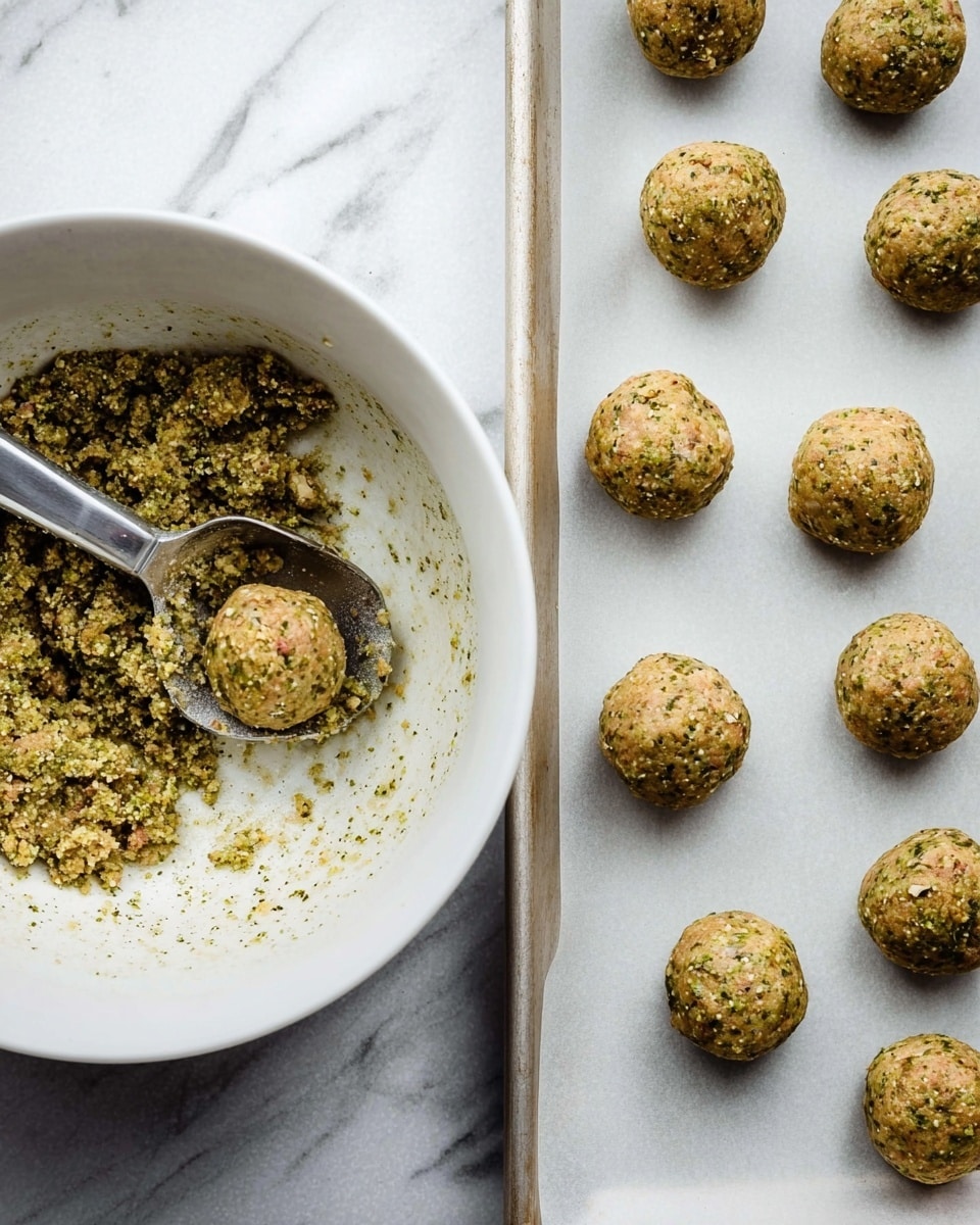 The image shows about fifteen small, round meatballs with a greenish-brown color and slight specks of herbs placed evenly on a white baking sheet. To the left, there is a large white bowl with some leftover mix of similar green and brown colors inside. Two silver scoops rest inside the bowl, one with a small amount of mixture. The background has a white marbled texture, giving a clean and bright look to the scene. photo taken with an iphone --ar 4:5 --v 7