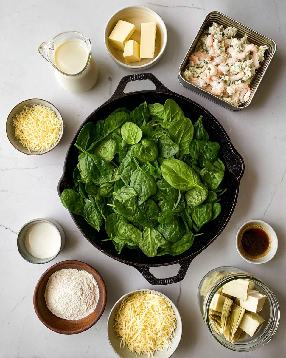 A top-down view shows a black cast iron skillet filled with bright green fresh spinach leaves in the center on a white marbled surface. Surrounding the skillet are small bowls and containers: to the top left, grated pale yellow cheese in a white bowl, a glass pitcher with cream, and a small white bowl with two pale yellow blocks of butter. To the top right, an open silver can filled with white crab meat sits next to a small white bowl containing dark brown and light tan sauces mixed together. Below the skillet are a small white bowl of white flour, a white bowl of shredded pale yellow cheese, a brown bowl with four white cheese blocks, and a glass jar with marinated artichoke hearts. Photo taken with an iphone --ar 4:5 --v 7