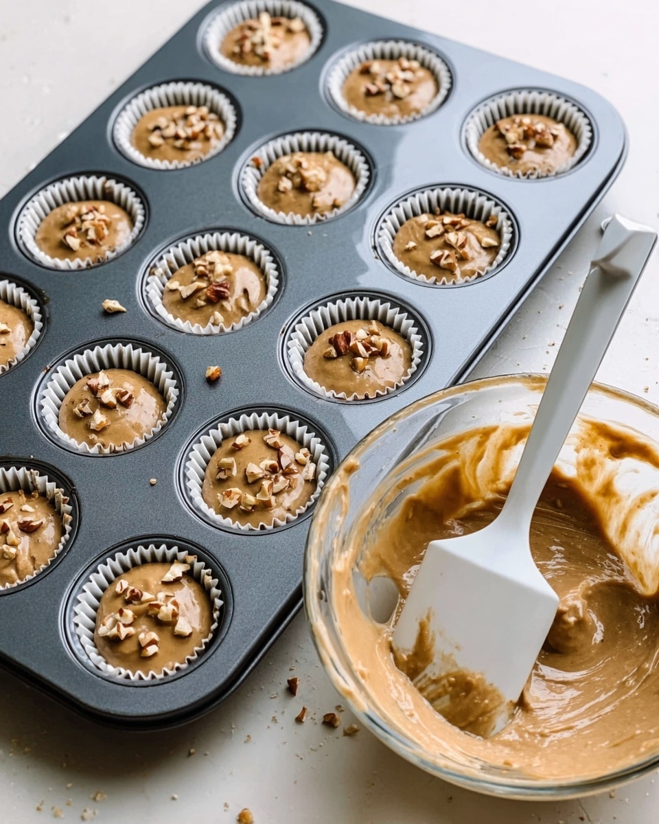 A dark gray muffin tray with twelve cups holds light brown batter in each cup, topped with small pieces of chopped nuts. The tray is on a white marbled surface. Next to the tray is a clear glass bowl with some remaining batter inside, clinging to the sides, and a white spatula with a silver handle resting across the bowl. The batter looks smooth with a slightly thick texture, and the nut pieces add a rough texture on top. photo taken with an iphone --ar 4:5 --v 7