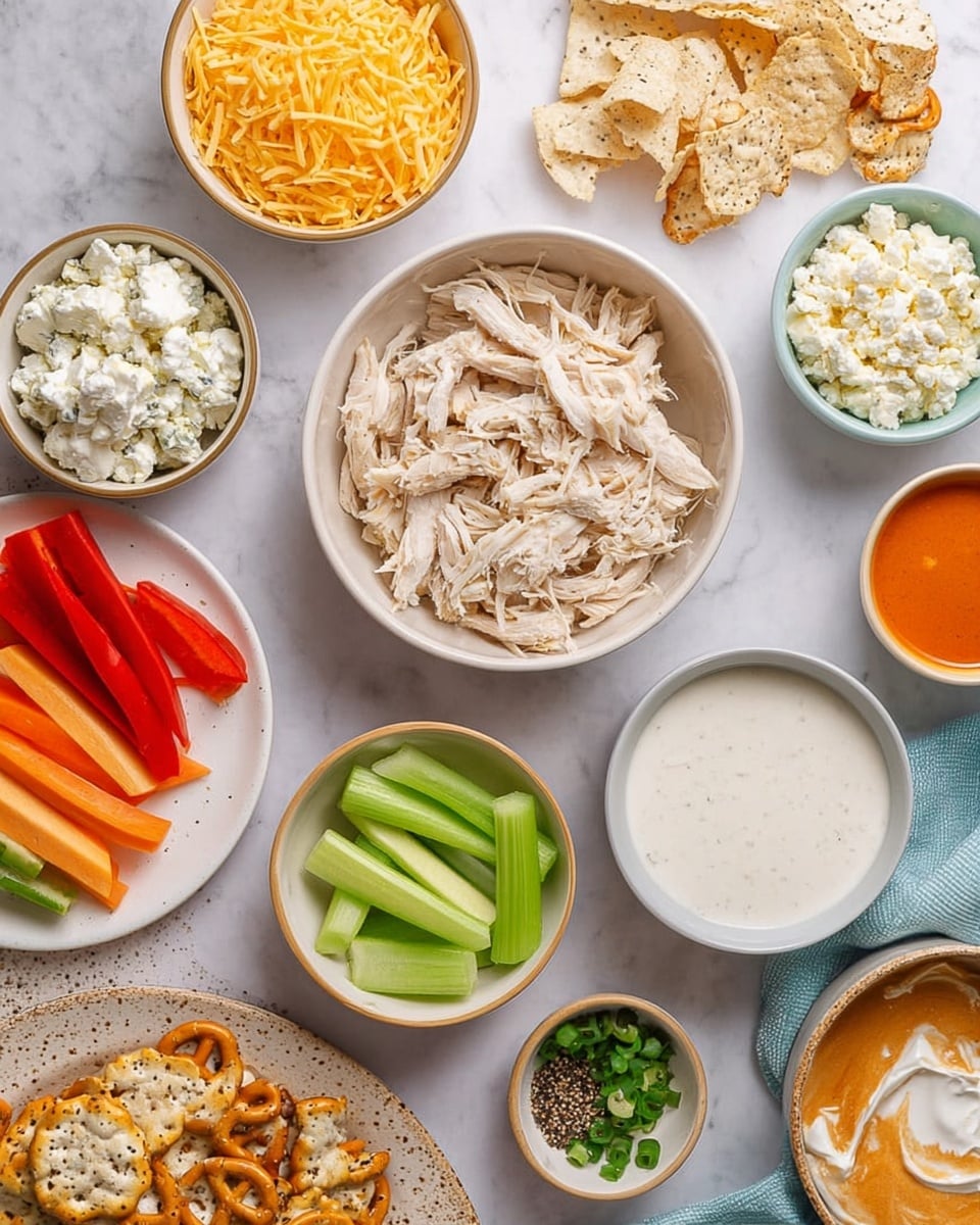 The image shows a collection of small white bowls arranged on a white marbled surface. The largest bowl in the center contains shredded light beige chicken. Surrounding it are bowls with different ingredients: shredded yellow cheese, white cottage cheese with visible curds, crumbled white cheese, creamy white sauce with no lumps, orange hot sauce, white ranch dressing with herbs, and finely chopped green onions. On the side, there is a white plate with matching celery sticks and carrot sticks. Additional items include a small white dish with salt and black pepper, mini red peppers, and a white plate filled with light brown and speckled tortilla chips and pretzel crackers. The scene is calm and well-lit, photo taken with an iphone --ar 4:5 --v 7