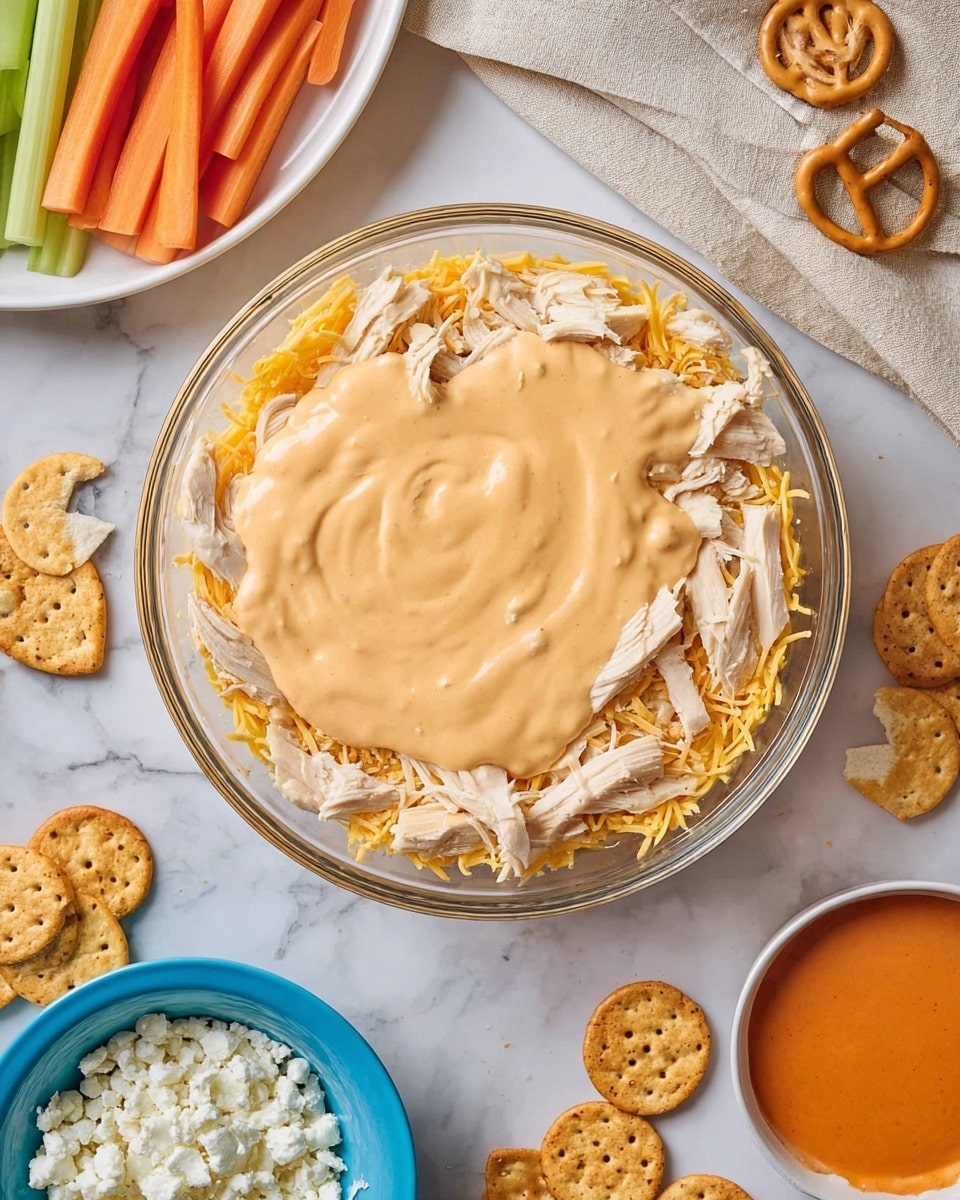 A clear glass bowl with three visible layers seen from above on a white marbled surface. The bottom layer is shredded yellow cheese, on top of it there are light shredded chicken pieces scattered around, and the top layer is a thick, smooth, light orange creamy sauce spread unevenly, partially covering the chicken and cheese. Around the bowl, there are snacks including light tan round pretzel crackers and triangular seasoned chips. There is a small blue bowl of white crumbly cheese nearby along with a white bowl of bright orange sauce. A white cloth and a beige cloth are also visible near the bowl with celery and carrot sticks on a white plate at the top left corner. photo taken with an iphone --ar 4:5 --v 7