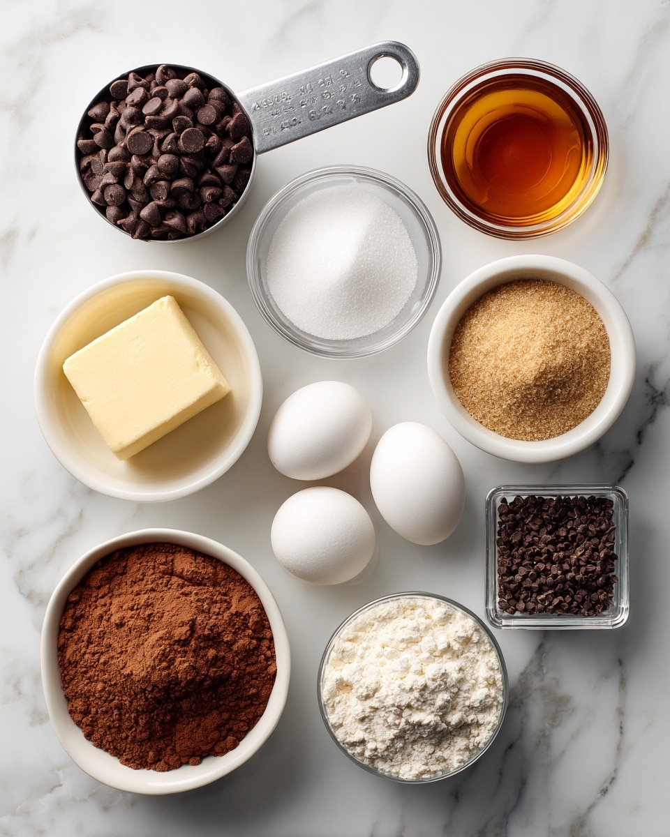The image shows a neat arrangement of baking ingredients on a white marbled surface, each in its own white bowl or transparent measuring cup. Starting at the top left, there is a silver measuring cup filled with dark chocolate chips. To the right, a small glass bowl contains amber-colored vanilla extract. Below that, a white bowl holds a mixture of brown sugar and white granulated sugar. Next to it is a clear small bowl with white baking soda. Two white eggs sit side by side just below the baking soda. Below the eggs is a small bowl filled with soft yellow salted butter. To the left of the butter is a white bowl with light brown cocoa powder. Below the cocoa powder, a silver measuring cup filled with white gluten-free or all-purpose flour is positioned. Finally, at the bottom right corner, a clear container holds dark brown sprinkles. The whole setup looks clean and organized with each ingredient clearly visible. Photo taken with an iphone --ar 4:5 --v 7