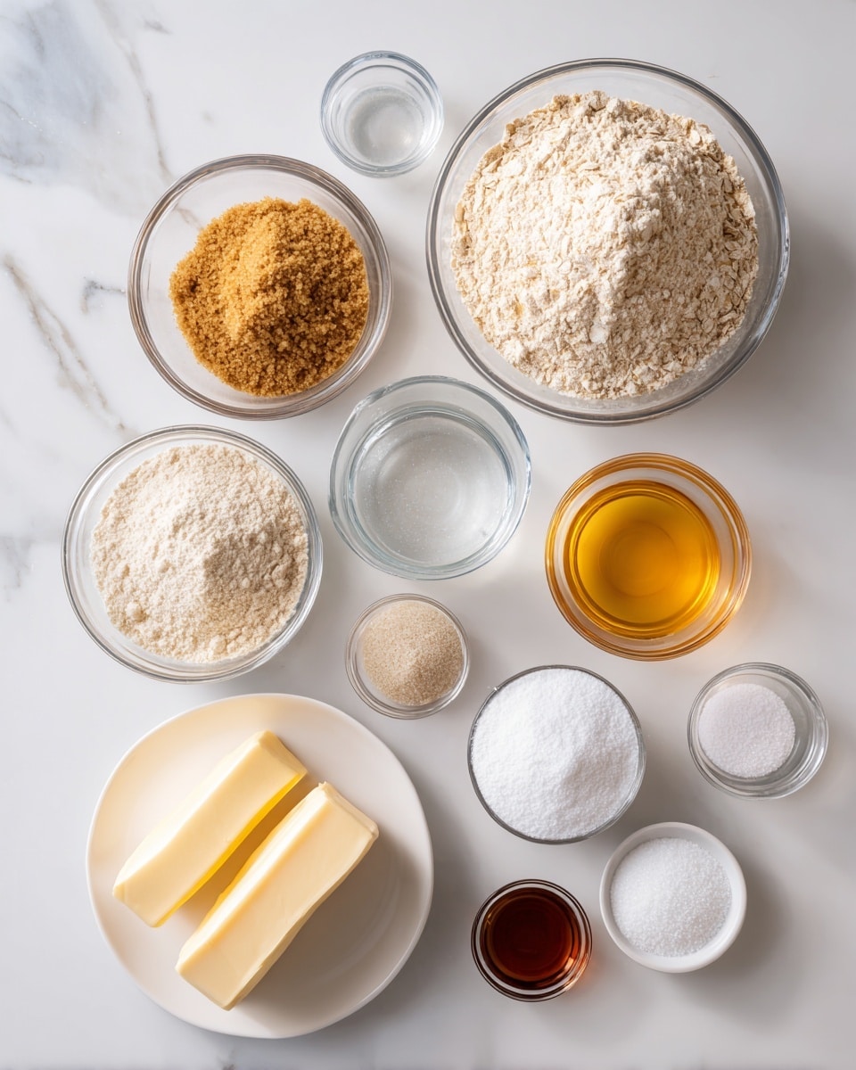 The image shows ten small clear glass bowls and one white round plate arranged neatly on a white marbled surface. The largest bowl at the top right holds coarse oat flour in a light beige color. To its left is a medium bowl with brown sugar, golden brown and grainy. Below the brown sugar bowl is another medium bowl filled with white flour. To the right of that is a smaller bowl with whole wheat flour, slightly darker beige. A small bowl containing bright golden honey is placed to the right of the whole wheat flour. Below these bowls is a white plate holding two sticks of pale yellow butter. Near the bottom right corner are three very small bowls labeled baking soda, baking powder, and salt, all containing fine white powders. A small bowl of amber vanilla extract is next to these, and a clear glass measuring cup filled with water sits behind them. All items are spaced out on a white marbled surface in a clean, bright setting. photo taken with an iphone --ar 4:5 --v 7