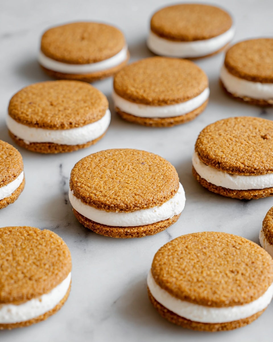 The image shows a group of round sandwich cookies arranged closely on a white marbled surface. Each cookie has two golden brown, slightly textured crispy layers on top and bottom with a thick, smooth white cream layer in the middle. The cookies are evenly spaced and aligned in rows, creating a neat and uniform look. The cream filling is thick and slightly raised between the cookie layers, making the sandwiches look soft inside and crunchy outside. The whole scene looks bright and clean with natural light highlighting the golden color of the cookie and the pure white cream. photo taken with an iphone --ar 4:5 --v 7