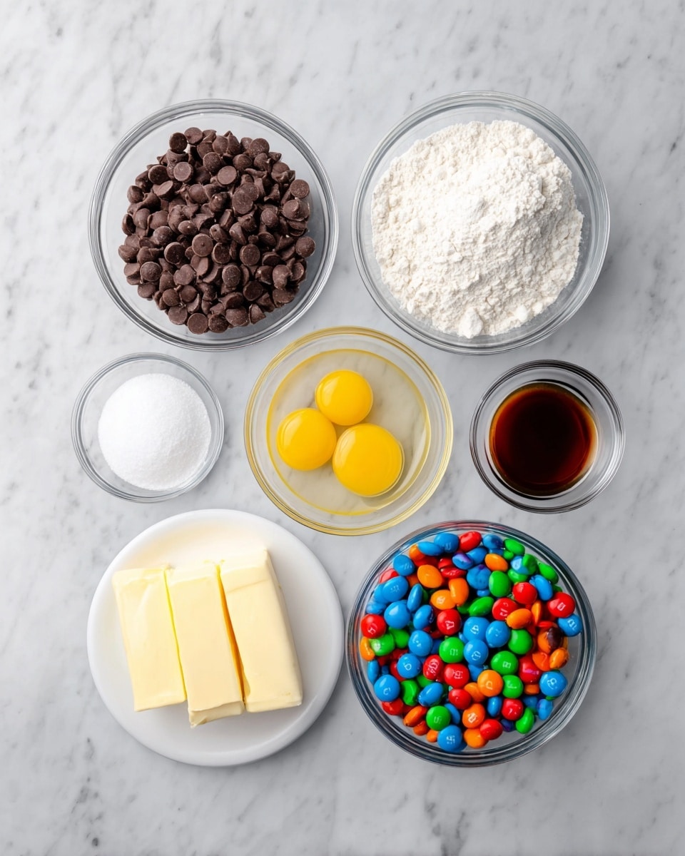 The image shows seven clear glass bowls and one white plate arranged in a loose circle on a white marbled surface. The largest glass bowl, placed near the top center, is filled with dark brown chocolate chips. To the right of it is a glass bowl filled with white flour, showing a soft and powdery texture. Below the flour is another glass bowl filled with colorful candy-coated chocolates in bright red, blue, green, orange, and brown. To the left of the candies is a white plate holding three rectangular pieces of yellow butter. Below the chocolate chips, a medium glass bowl contains four raw eggs yellow yolks suspended in the translucent egg whites. Above the eggs is a medium glass bowl filled with white granulated sugar. To the left of the sugar bowl is a very small glass bowl filled with white salt crystals, and above it is a medium glass bowl holding dark brown vanilla extract. The surface and background are smooth white marble, keeping the focus on the ingredients. Photo taken with an iphone --ar 4:5 --v 7