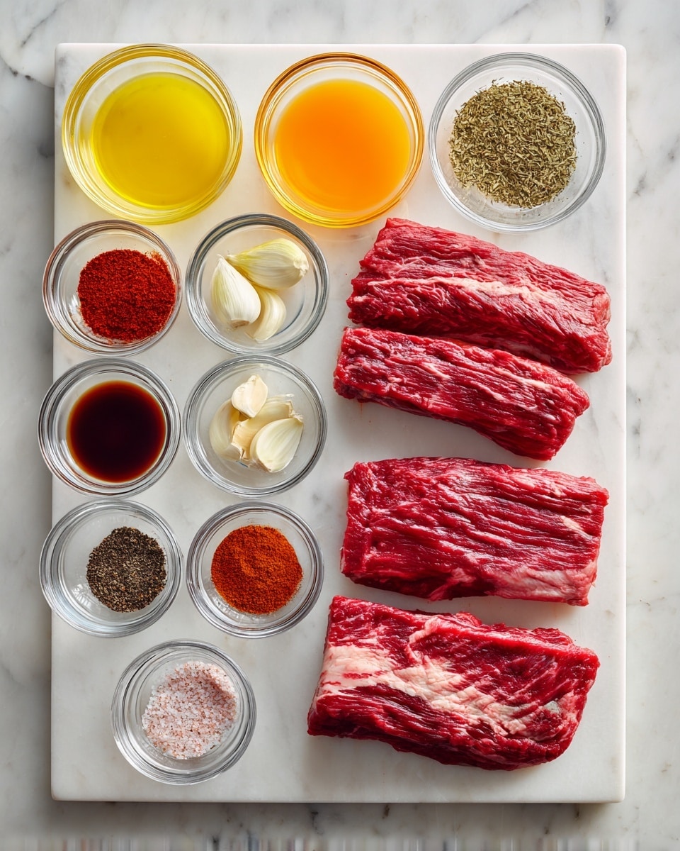 The image shows a white cutting board at the bottom with two pieces of raw skirt steak, red with white fat marbling. Above it, eleven small clear glass bowls are arranged on a white marbled surface, each containing a different ingredient: pale yellow canola oil, bright orange juice, clear lime juice, three whole garlic cloves, deep red chili powder, light brown cumin powder, reddish-brown hot sauce, pale brown coriander powder, dark brown Worcestershire sauce, and a mixed bowl of pink salt and black pepper labeled S & P. Each bowl is neatly spaced with black text labels above or beside them clearly naming the ingredient. The overall presentation is clean and organized with a bright and natural light. photo taken with an iphone --ar 4:5 --v 7