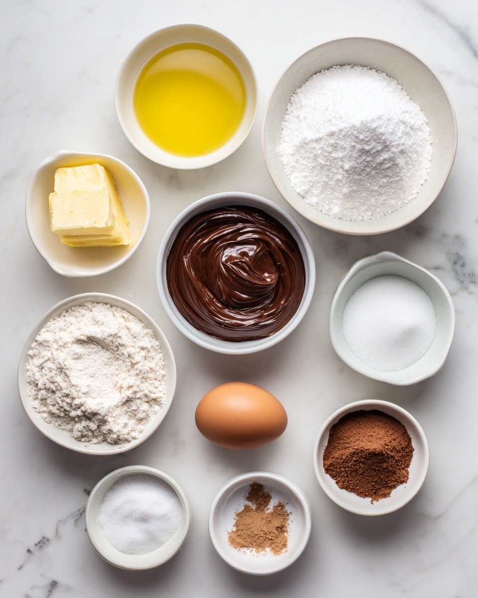 The image shows a collection of small white bowls and dishes arranged neatly on a white marbled surface, each containing different baking ingredients. There are ten containers in total: one holds a smooth, shiny dark brown melted Nutella in the center; a large bowl at the top right is filled with white granulated sugar; a small bowl on the left has melted unsalted butter with a rich yellow color; another small bowl contains clear canola oil; a white bowl at the bottom left is filled with white all-purpose flour; a brown egg sits in a tiny white bowl close to center left; a bowl with white baking soda and another with white baking powder lay nearby; a small white dish has fine salt, and the last bowl contains ground cinnamon with a light brown powdery texture. Each bowl is cleanly presented with the ingredients carefully placed inside. Photo taken with an iphone --ar 4:5 --v 7