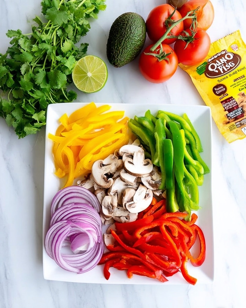 A white square plate sits on a white marbled surface, holding five groups of fresh sliced vegetables neatly arranged in sections. Starting from the top left, bright yellow bell pepper strips are placed side by side, followed by green bell pepper strips on the top right. In the center, there is a pile of sliced white mushrooms showing their smooth texture and gills. On the bottom left are thin slices of vibrant purple onion, while bright red bell pepper strips are on the bottom right. Above the plate on the white marbled surface, there is a halved lime showing its green inside, a whole dark green avocado, fresh green cilantro leaves, a bunch of red tomatoes on the vine, and a yellow packet of Old El Paso Fajita seasoning mix. Photo taken with an iphone --ar 4:5 --v 7