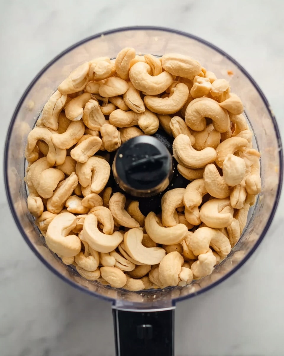 The image shows a close-up view of a food processor filled with a single layer of whole cashew nuts. The cashews are light beige with some spots showing a slightly darker tint, and their curved shapes fit snugly together inside the clear bowl. The black central blade holder is visible in the middle, standing upright and contrasting with the light color of the nuts. The processor sits on a white marbled surface. Photo taken with an iphone --ar 4:5 --v 7