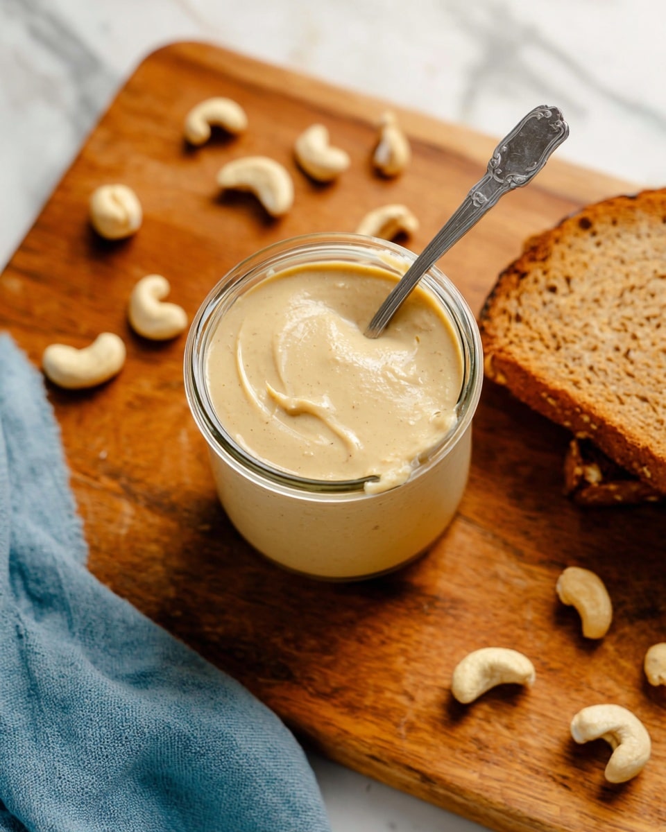 A clear glass jar filled with smooth, creamy, light beige cashew butter with a silver spoon partly dipped inside, resting on a warm-toned wooden cutting board. Scattered around the jar are whole pale cashew nuts, and to the right is a slice of brown multi-seed toast leaning against the jar. A soft blue cloth peeks in from the bottom left corner, and the scene is set against a white marbled surface photo taken with an iphone --ar 4:5 --v 7