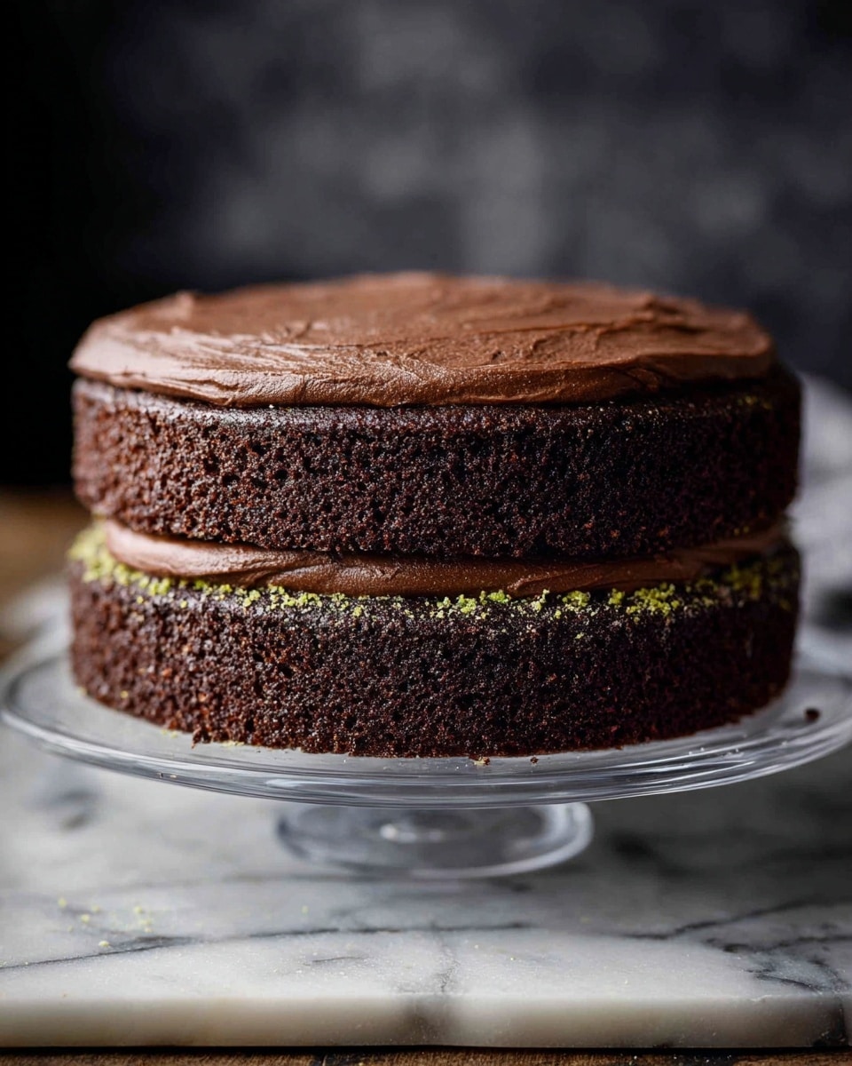 A two-layer chocolate cake sits on a clear glass stand over a white marbled surface, each layer deep brown with a slightly rough texture, and between them is a thick layer of smooth, rich chocolate frosting that is spread evenly and topped with small green crumbs scattered lightly. The background is dark and blurred, making the cake the main focus, with soft natural lighting highlighting the moist texture of the cake. Photo taken with an iphone --ar 4:5 --v 7