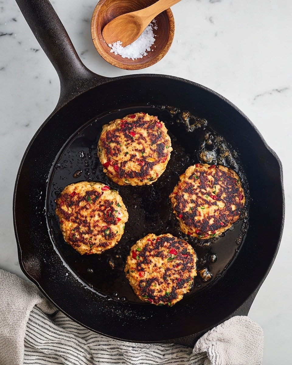 Four cooked patties with a golden-brown crust and some darker spots are placed inside a large black cast iron pan. The patties have small visible pieces of red and white ingredients mixed throughout. The pan has visible oil spots and some tiny burnt bits. A small brown bowl with white salt and a wooden spoon is placed above the pan on the white marbled surface. A striped cloth is partially visible below the pan. photo taken with an iphone --ar 4:5 --v 7