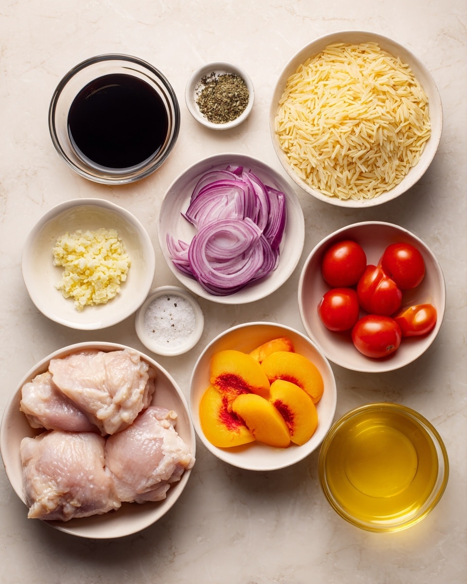 The image shows several white bowls and a brown bowl with different ingredients on a white marbled surface. The top left has a small glass cup filled with dark balsamic vinegar. To its right, a white bowl holds uncooked orzo pasta, pale yellow and smooth. Below the vinegar, a white bowl contains sliced red onions with purple and white layers. Centered below these is a small white dish with salt, black pepper, and dried basil neatly divided. To the right, a white bowl is filled with bright orange peach slices, showing soft texture and reddish centers. Below the onion bowl is a small white bowl of minced garlic, pale yellow and finely chopped. Next to the garlic is a small white container of olive oil. A brown bowl near the center bottom holds four uncooked chicken thighs, pale pink with smooth skin. To the right, a white bowl is filled with shiny red cherry tomatoes. The bottom right corner has a clear measuring cup with light yellow chicken broth. Finally, next to the chicken thighs is a small clear bowl with amber-colored honey. All items are neatly arranged and clearly visible. Photo taken with an iphone --ar 4:5 --v 7