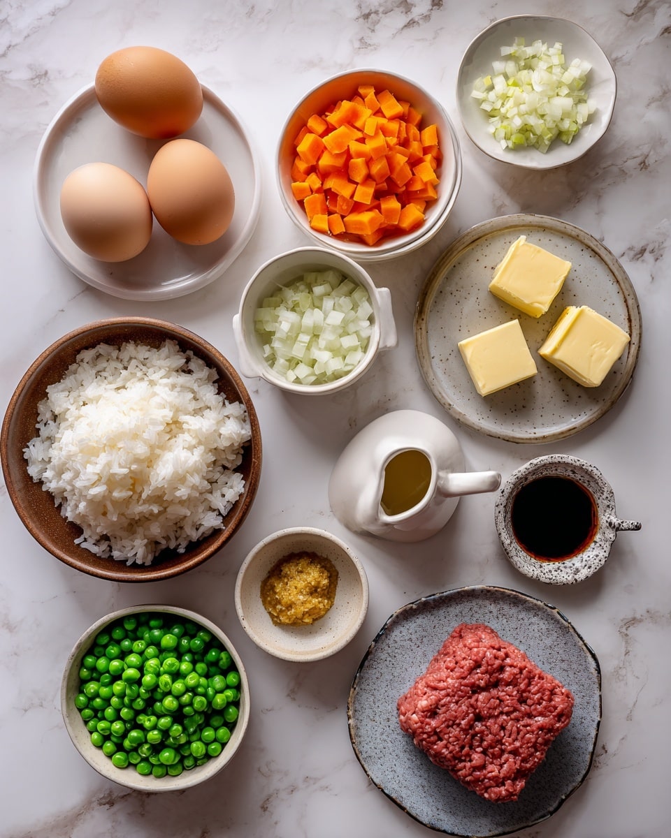 A top-down view shows various ingredients placed separately on a white marbled texture. There are two whole eggs in a small white bowl at the top left, bright orange diced carrots in a white bowl next to the eggs, and finely chopped white onion in a white bowl below the eggs. Beside the onions, three small yellow butter cubes rest on a small beige plate. A large brown bowl filled with fluffy white jasmine rice sits near the bottom center. Bright green frozen peas are in a white bowl to the bottom left of the rice. In the middle, there is a small beige bowl holding a yellowish paste labeled ginger and garlic. A small white jug containing dark sesame oil is next to the ginger and garlic bowl. To the right of the sesame oil, there is a small bowl with dark soy sauce and a smaller dish with honey beside it. Chopped green onions fill a patterned small bowl at the bottom right. A gray plate holding a square form of raw ground beef is near the top right. A tiny beige bowl with salt and pepper is above the beef. All items are neatly arranged with clear labels above or beside each. photo taken with an iphone --ar 4:5 --v 7