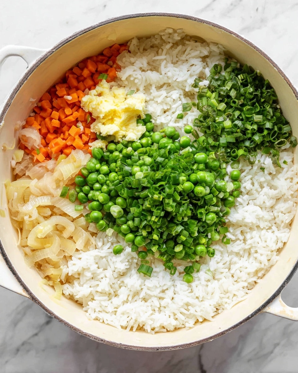 A white pot filled with a mix of ingredients, showing four main layers: at the bottom left, small chopped orange carrots and light tan onions; on top of that, a small yellow pat of butter and a dollop of pale yellow minced garlic; on the right, a large layer of fluffy white rice covering about half the pot; and in the center, a mound of bright green frozen peas topped with chopped bright green scallion slices. The pot sits on a white marbled surface. photo taken with an iphone --ar 4:5 --v 7